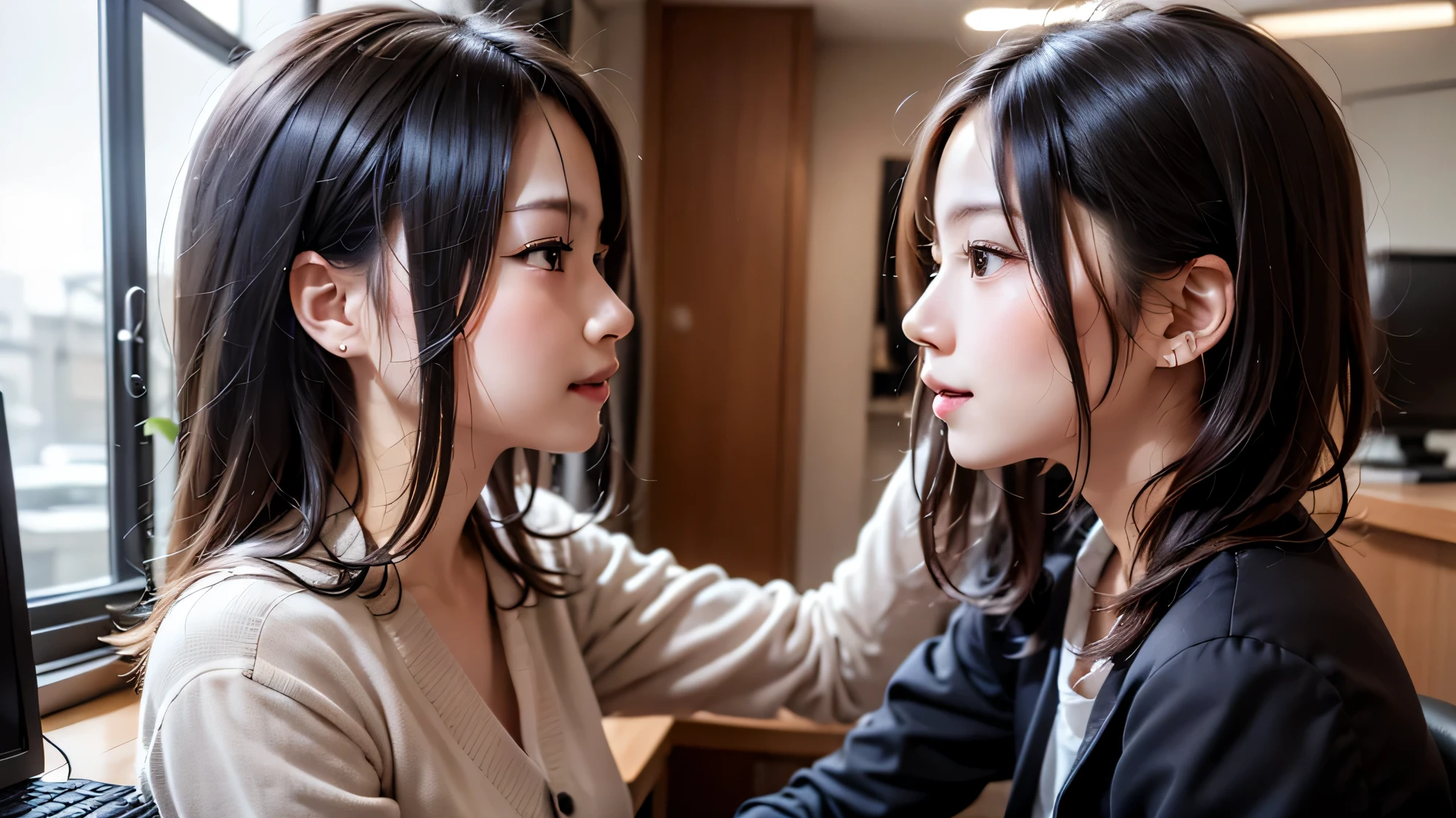 there is a woman sitting on a desk with a computer, ~ side profile portrait, profile of anime girl, elegant profile pose, profile pose, beautiful japanese girl face, portrait of a japanese , ~ side portrait of cute girl, anime woman headshot profile, ( ~ side ) profile, young asian woman, In front of a computer, a woman's profile