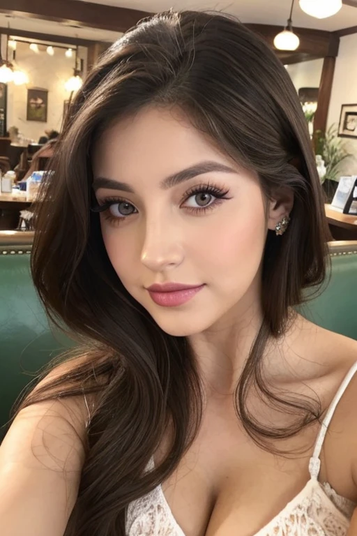 Photo of a 20 year old brunette woman., que tiene una cara muy natural, labios delgados, ojos delgados, cejas finas, nariz fina, Pendientes, long eyelashes. She takes a cute selfie in a cafe.