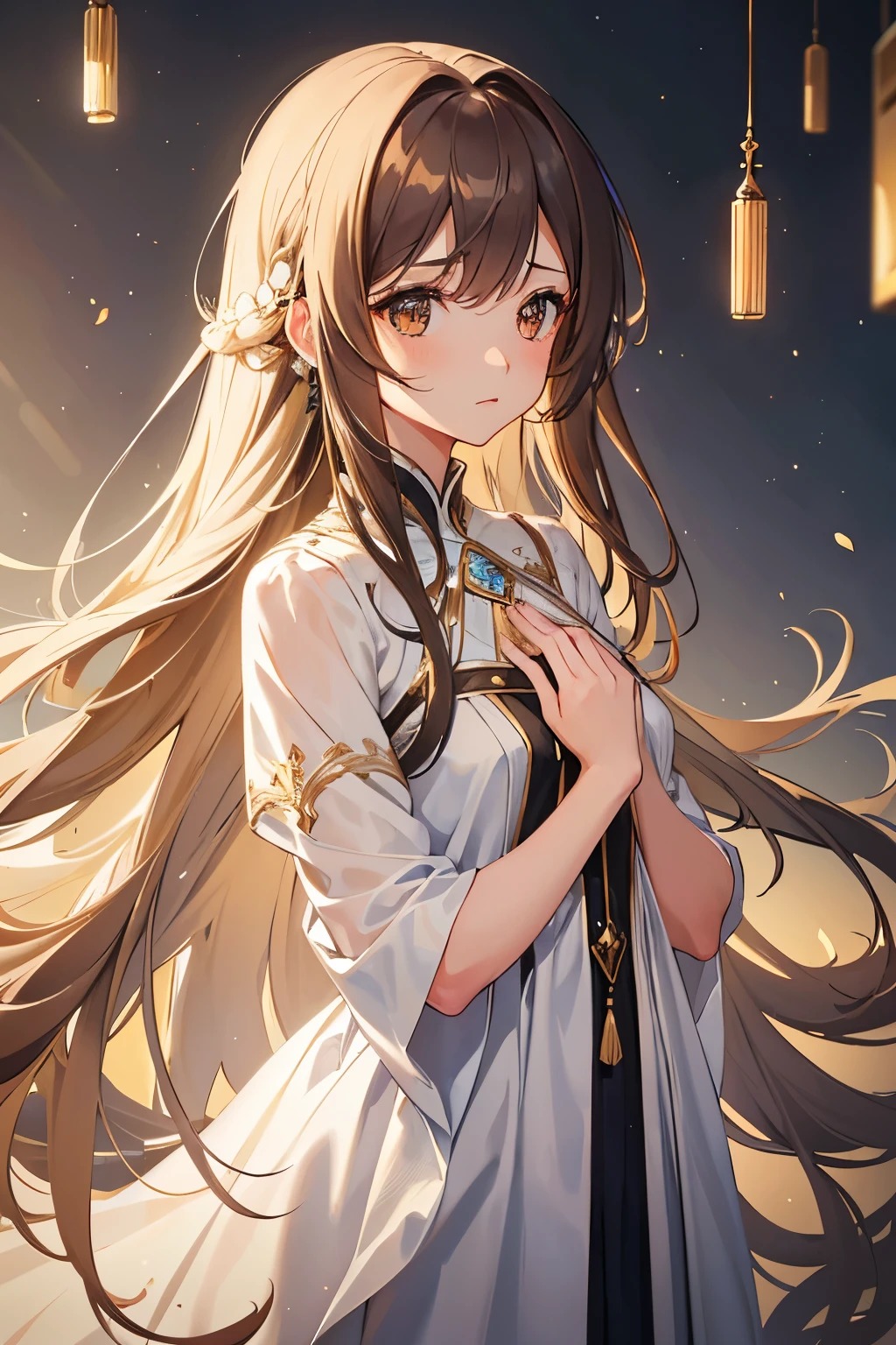 A girl with long, flowing hair, cascading down her back in soft waves, delicately framing her slender face. The hair, shimmering under the gentle play of light and shadow, appears silky and smooth, catching the breeze as if alive. Its natural hue gleams with a luminous sheen, each strand reflecting the tiniest light rays. The girl's expressive, large, brown eyes sparkle with curiosity and vitality, gazing at the world around her with a sense of wonder. The enchanting scene unfolds in high resolution, with intricate details capturing every lock of hair and subtle nuance of expression.