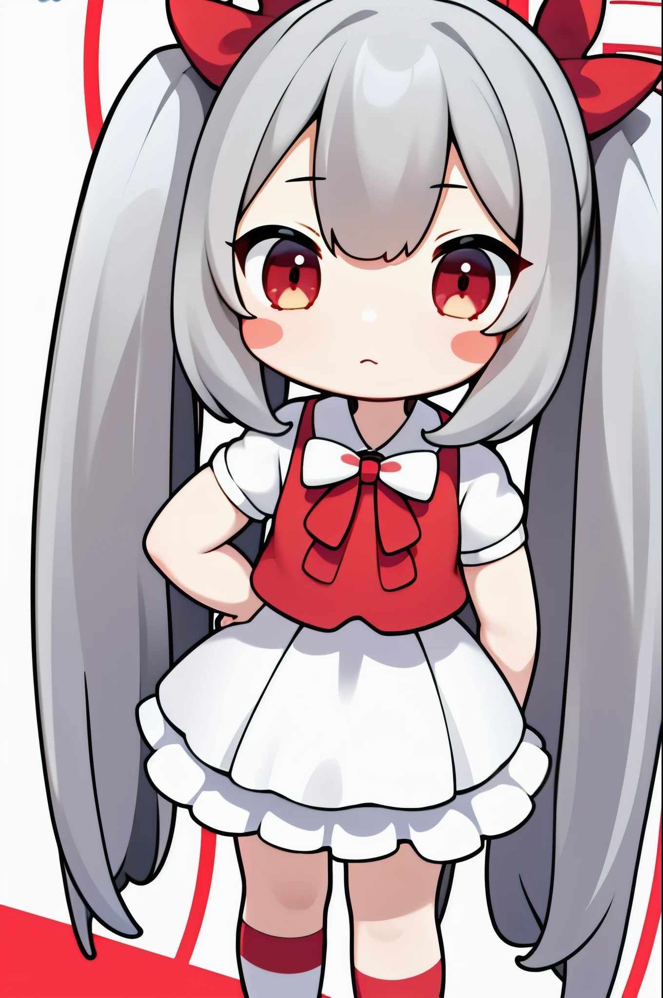 figure,3d,nendroid, full body, Girls' Front, standing, chibi, 1 girl, age girl, long hair blown up, asymmetrical bangs, twintails, grey hair, extremely detailed cute anime face, blush stickers, beautiful detailed deep eyes, deep red eyes, red bow, hair bow, angel wing,red ribbon,white blouse,Red vest,white skirt, white-skinned, white background, extremely detailed, extremely detailedmasterpiece, very fine 8KCG wallpaper,chibi,super deformed