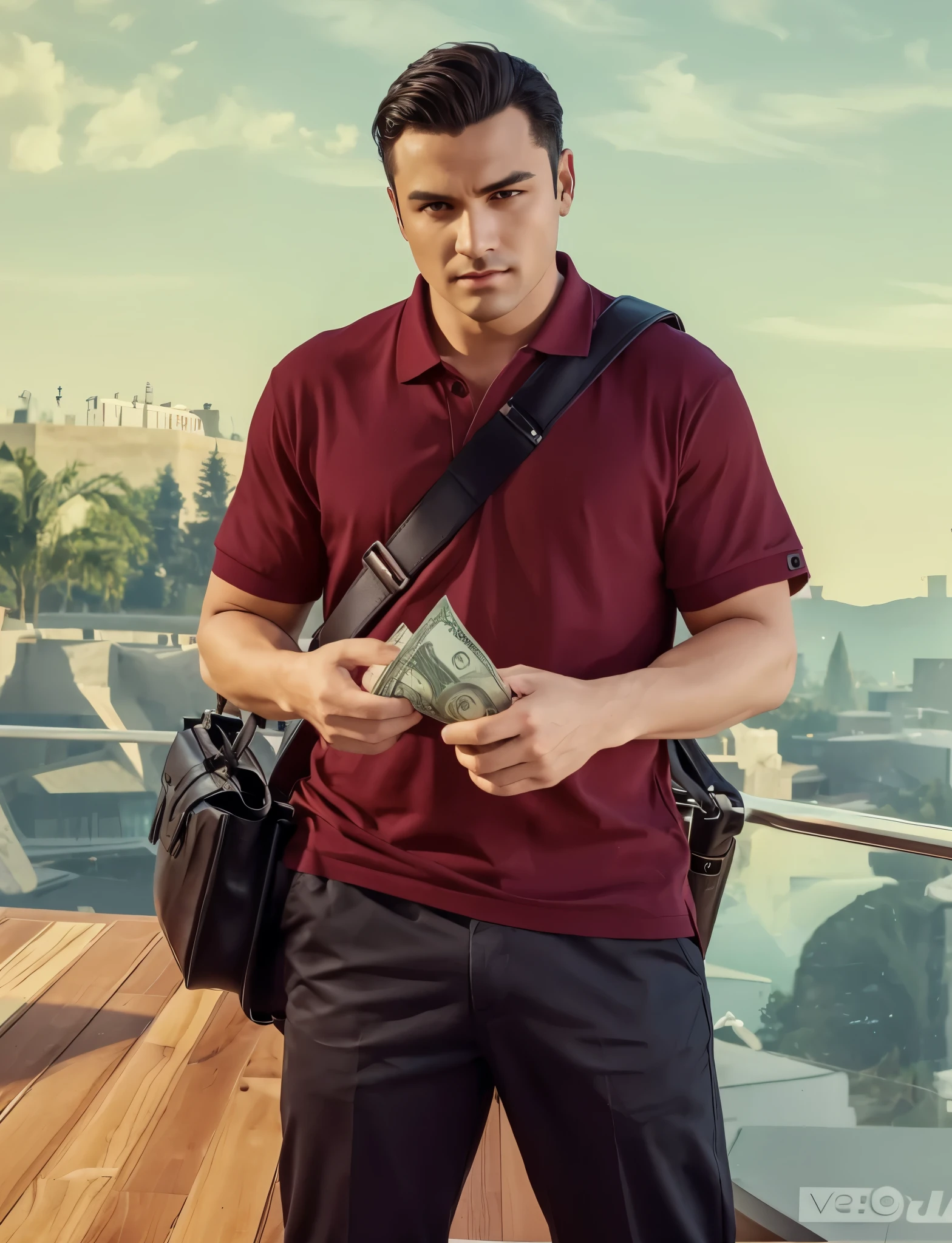 The man is holding a stack of money and appears to be counting it. He is wearing a dark red polo shirt, dark pants, and has a black bag slung over his shoulder.