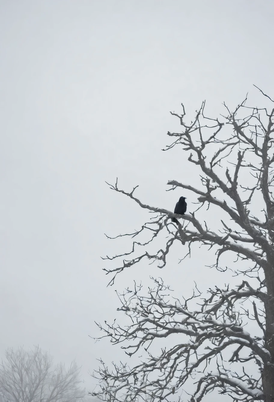 professional photography of cloudy gray sky, one dry tree branch is visible on the right, snowfall overhead, under a gray foggy sky, gray sky with patches of snow, uneven sky tone, natural light on a cloudy day, wide angle low angle shot, from bottom to up view, Maximum realism, Canon RF 100-500mm F4.5-7.1l ESM USM, winner of the International Professional Photography Competition 2019.