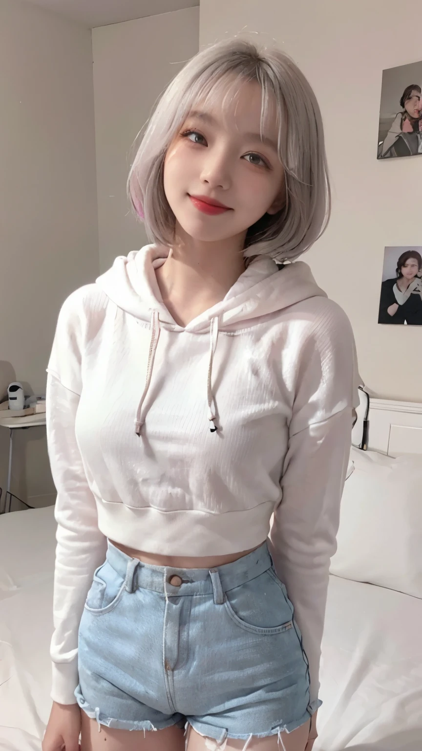 Highest image quality、Live shooting、ultra high resolution、21 year old Korean、small breasts、dynamic angle、cowboy shot、the most beautiful form chaos、elegant、brutalist design、vivid colors、beautiful white hair、short bob、smile、smile、shiny white skin、Beautiful eyes with random colors、Beautiful eyes in every detail、elongated eyes、thin lips、pale pink blush、long eyelashes、beautiful double eyelids、eye shadow、bright room、Big hoodie、hot pants、Taken from diagonally above、sexy pose