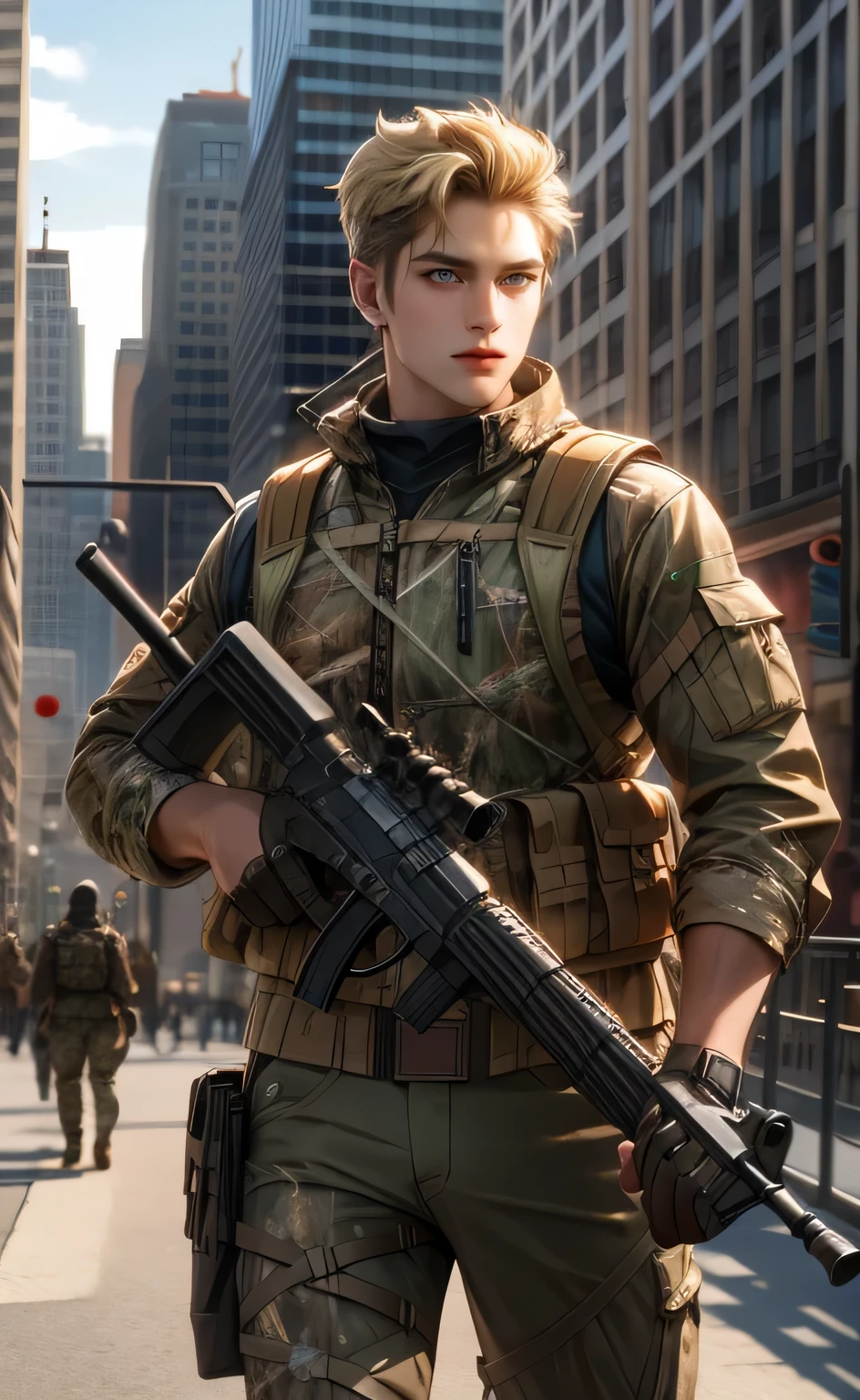 best quality, ((1 person)), light blonde, brown eyes, hunter costume, women looking around, walking, city. With a hunting gun on your back, broad shoulders, realistic, ultra high definition, 3d rendered,