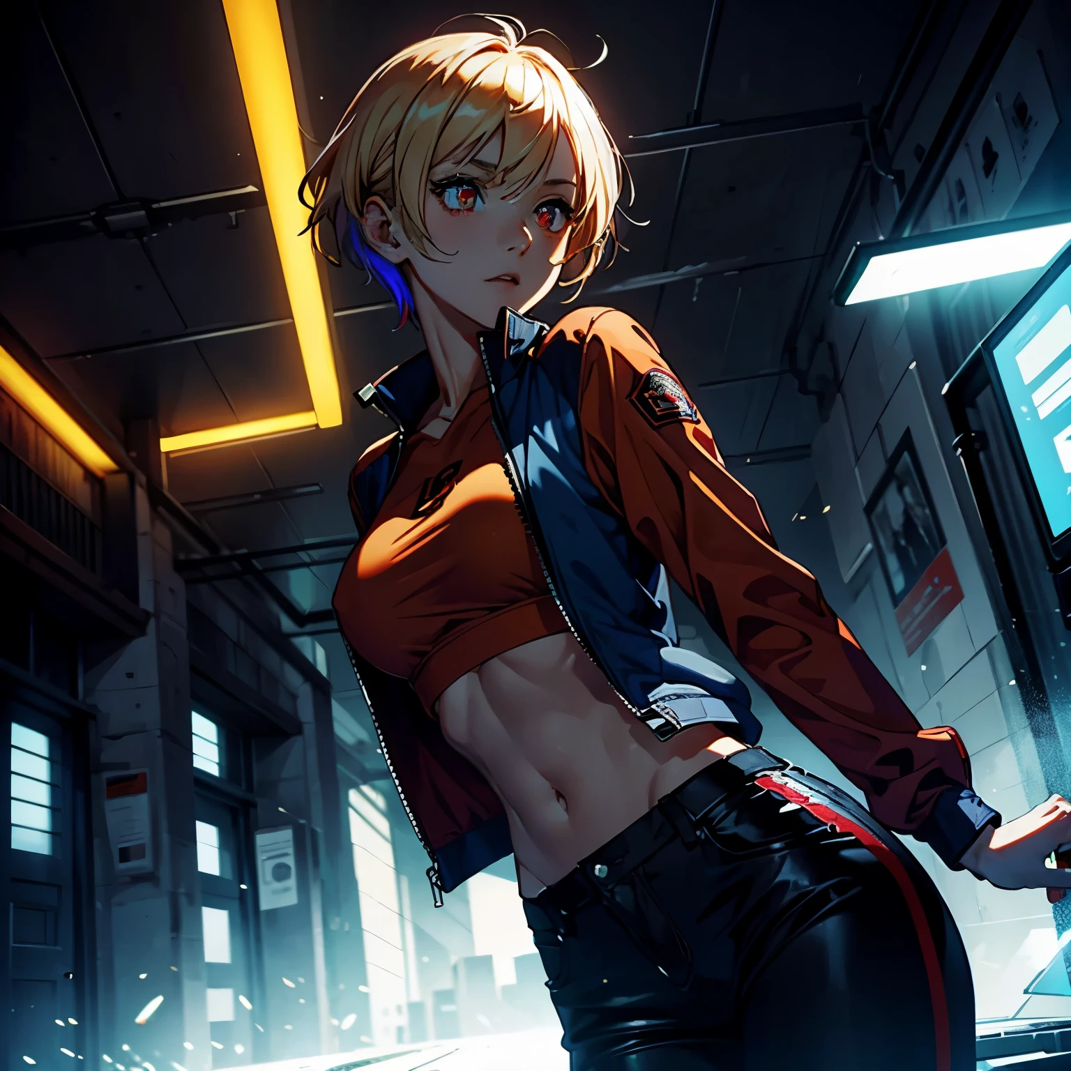 1girl, alone, Wattson, very detailed, bright red eyes, Detailed eyes, expressive Detailed eyes, wide eyes, detailed pupils, blonde hair, short hair, orange Jacket, Jacket, blue t-shirt, blue top, Blue suit, pants white, blush, plain background, vampire teeth