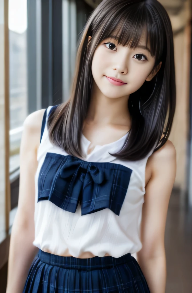 woman posing for photo, japanese model model, -yeld fee model, 4K、bangss、A dark-haired、bobhair、Middle hair、Straight hair、 Navy Plaid Pleated Skirt, (Super cute face in idol style:1.2)、school classrooms、slim and beautiful figure、beutiful breast、full body Esbian、school classrooms、