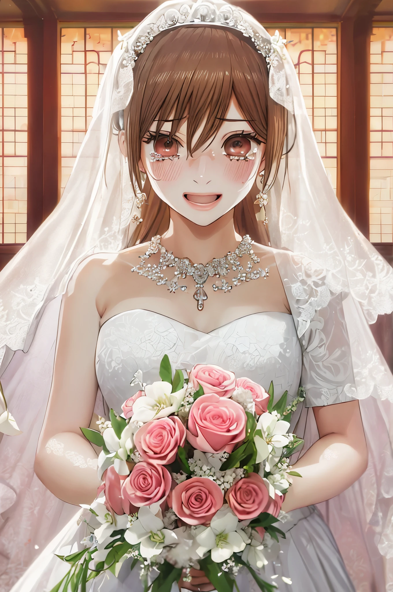 masterpiece, highest quality, 8K, 超High resolution, highest quality, anime style, best writing, beautiful face, smile, 1 girl, Crying with joy, blush, highest quality, High resolution, intricate details, highest quality, chromatic aberration, brown hair, Do not tie hair, 1 girl, alone, (Wedding dress:1.3), off shoulder, (wedding veil:1.3), bouquet, long hair, thighs, long hair, (Upper body:1.3), wedding hall, shed tears, tears flow