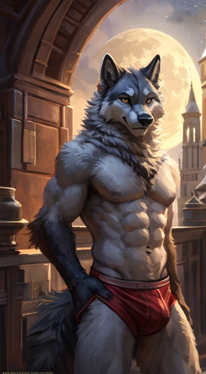 Wolf male, full body covered in fluffy fur, , big muscular chest, volumetric abs, day, , detailed, uploaded to e621, beautiful and detailed portrait of an anthropomorphic white wolf (((male))) kenket, ross tran, ruan jia, uploaded to e621, zaush, foxovh, movie lighting, moon lights, glowing eyes, white fur, long dark mane of hair, wear red underwear