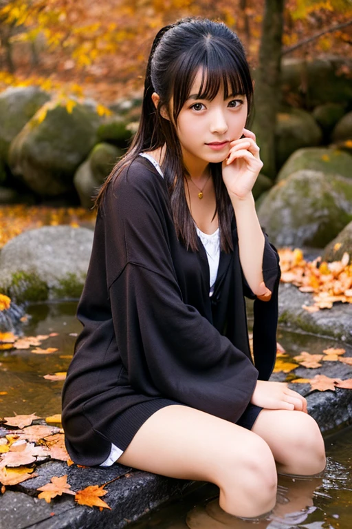 photo of an Asian girl in hot spring, sitting the corner, wet hair, dark hair, beautiful eyes, photorealistic, outside, autumn