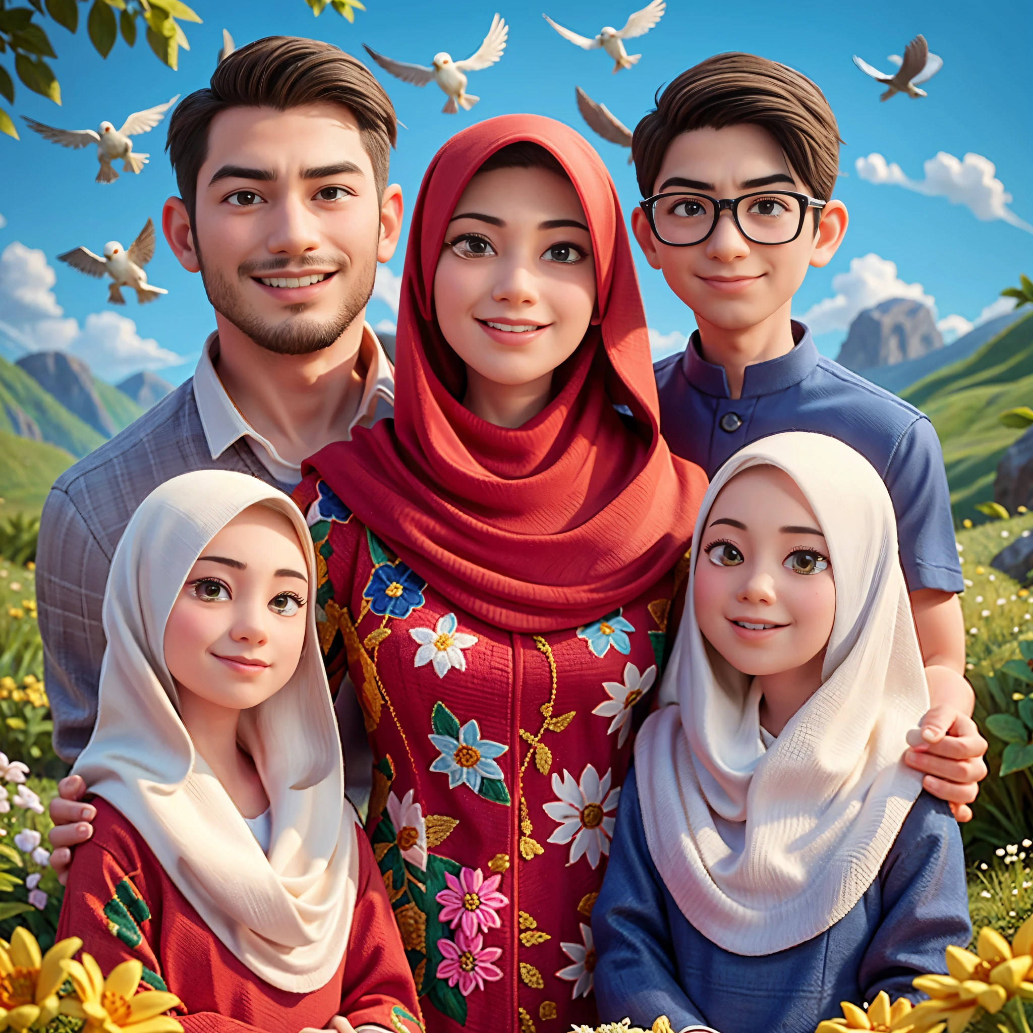 arafed family portrait with a mountain background and birds flying overhead, an indonesian family portrait, happy family, potrait, full protrait, family portrait, inspired by Nazmi Ziya Güran, realism artstyle, barong family, cartoon artstyle, close up potrait, high quality portrait, inspired by Oton Gliha, sakimi