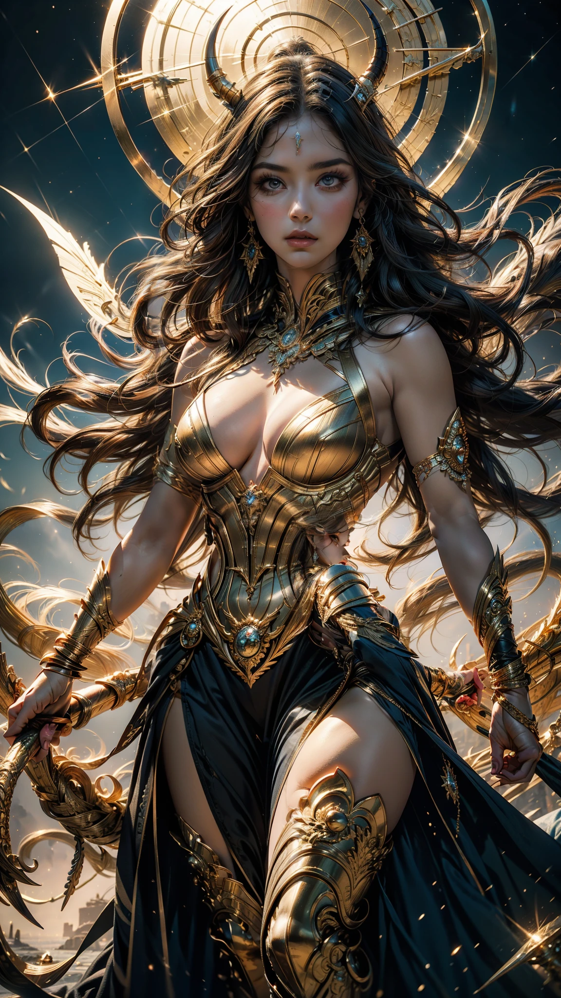 (masterpiece,top quality,best quality,official art,Beautiful and beautiful:1.2),Depicts the Goddess of War in Hell(It has huge horns,red skin,Burned by flames,)Demon battle scene,She is the ruler of the sacred fire,He is the gatekeeper of hell,lightning in sky,scattered magma,mountains in the distance,((theelementoffire:1.4),flame of reality,Highly realistic),correct anatomy,full-body shot,convex,cute big breasts,(Strong body,strong muscle,Delicate muscle contours, Upper body exposed, Detailed muscle physique, lifelike depiction, ),Plum,longing unsatisfied,only genitalia, ,Sex huge breasts cleavage, onlyfoot,Sexy gesture,(Zentangle,mandala,tangled,entangled)(Long hair and flesh,only ),married woman,熟妇,delicate face,美丽delicate eyes,correct anatomy,Detailed face, delicate eyes,gold foil,gold foil艺术,Deep background,absurd,marvelous and unbelievable,epic work,(intricate details,Ultra-detailed:1.2),Super real photos, epic reality, ((neutral color)),(pastel colors:1.2), surreal, + lens + dynamic composition, Extremely detailed, sharpen, Normal, warm light, Light effect, dramatic light, (intricate details:1.1), complex background, (greg rutkovsky:0.8), (black and red:0.4),