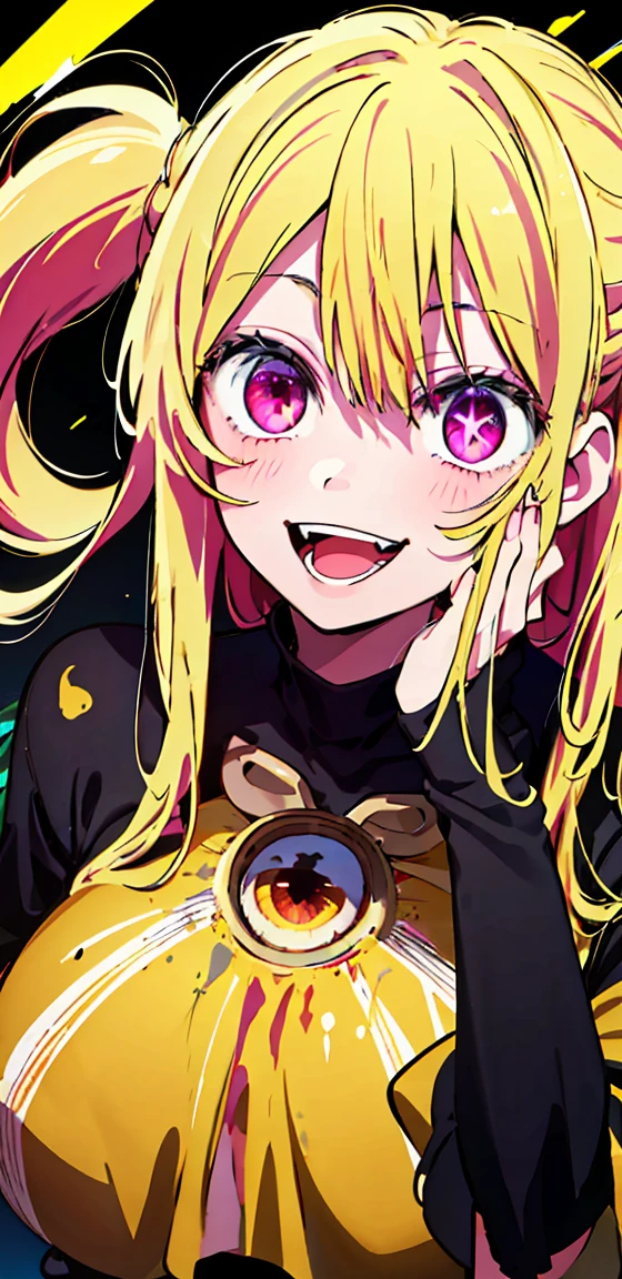 original character , 1girl, (crazy smile:1.2) ,  blonde hair , bangs , crazy eyes , hands on face , yellow blood splatter on face , yellow and black color scheme, open mouth, (wide-eyed:1.2), glowing eyes, left star shaped eye, star shaped eye,  pink eyes, pink eyes