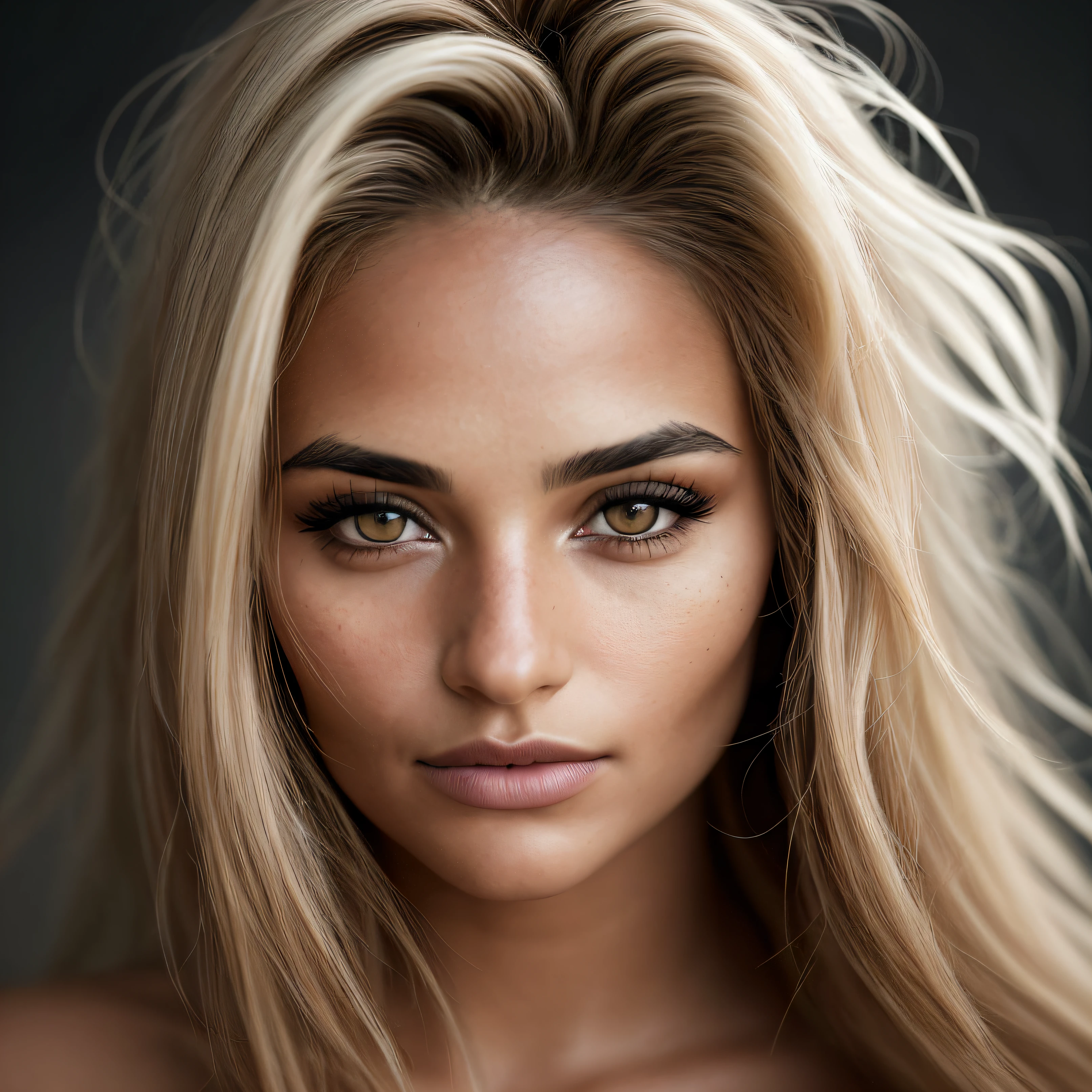 a photorealistic portrait of a stunningly beautiful tanned argentinian woman with light make-up, extremely detailed light honey eyes, detailed symmetric realistic face, extremely detailed natural texture, peach fuzz, windy long hair, masterpiece, absurdres, award winning photo by lee jeffries, nikon d850 film stock photograph, kodak portra 400 camera f1.6 lens, extremely detailed, amazing, fine detail, rich colors, hyper realistic lifelike texture, dramatic lighting, unrealengine, trending on artstation, cinestill 800 tungsten, looking at the viewer, photo realistic, RAW photo, TanvirTamim, high quality, highres, sharp focus, extremely detailed, cinematic lighting, 8k uhd,-imagine-