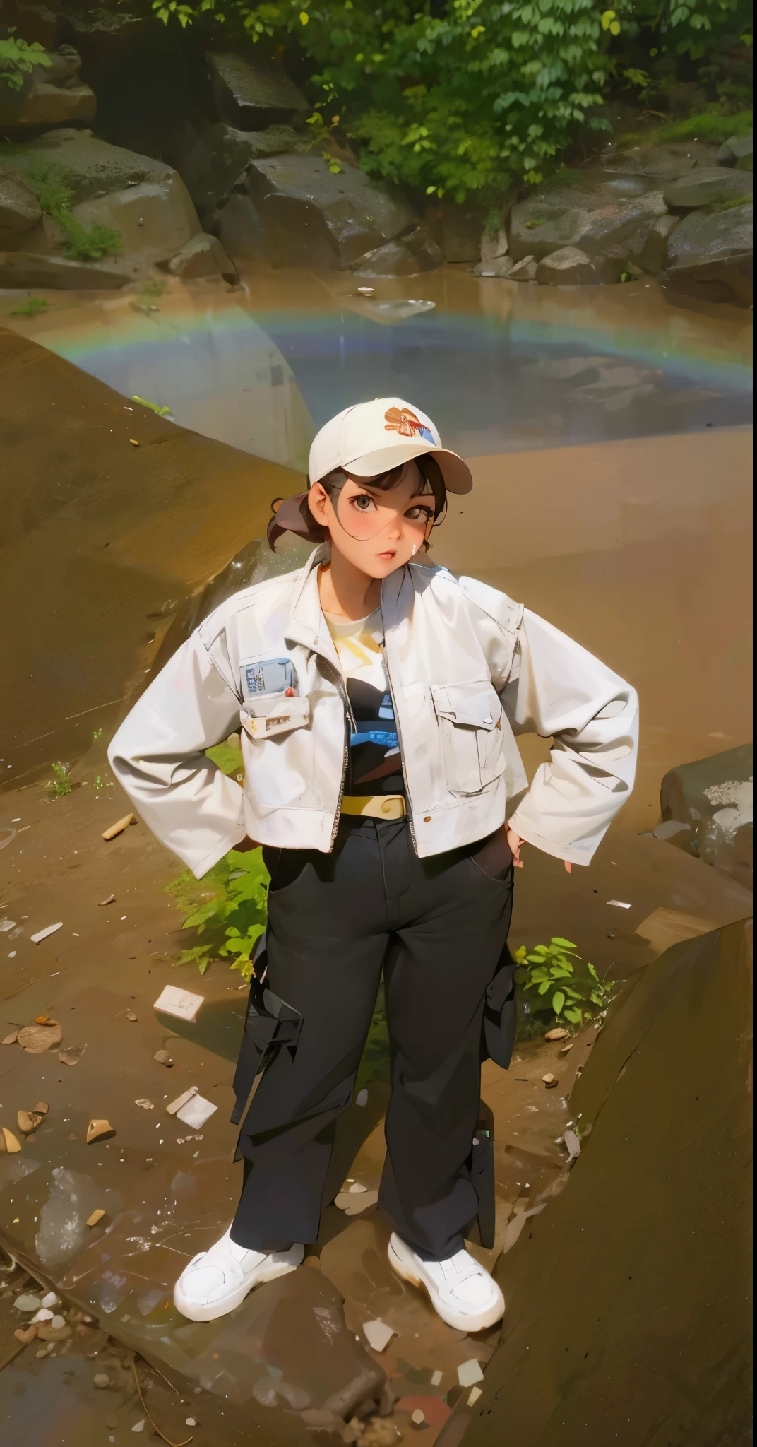 Generate to Cartoon, 1 girl, 20y.o Asian girl, Brown hair, Glossy skin, Cream Cap, Cream Denim Jacket, Black Pant cargo, Whaite shoes, Peak nose girl, Beautyfull Girl, very Huge Boobs, Ultra Detail, 8k resolution,  
