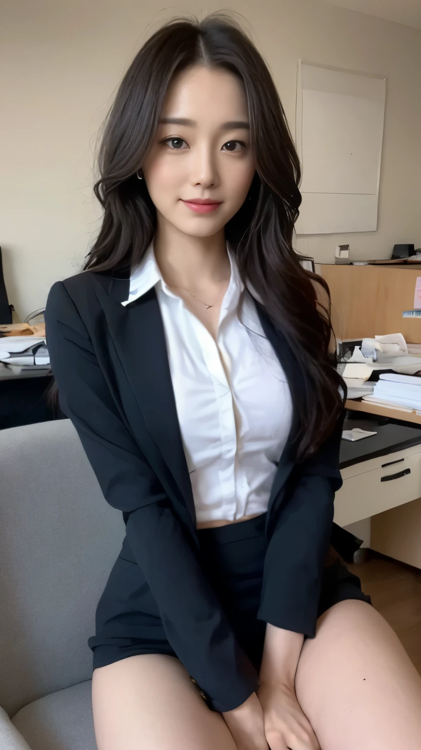 ((top-quality、8k、​masterpiece:1.3))、Beautiful woman with perfect body:1.4、slim abdomen:1.2、Longhair, normal breast, Highly detailed facial and skin texture, A detailed eye, (smile), (full body shot), ((office)), (sitting on the chair) (((wearing office uniform)), looking in front