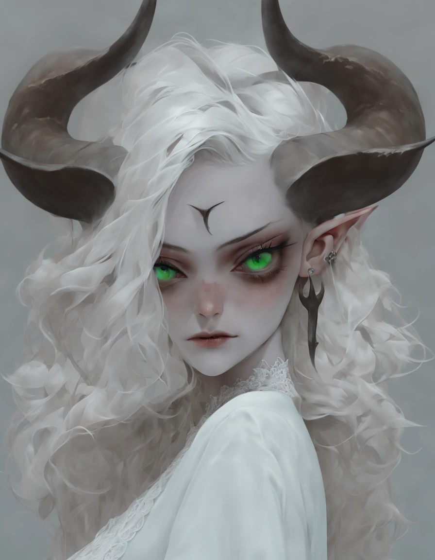 Portrait, close up, Bron above, Skinhead girl, demon girl, very angry, ((total smokey eyes)), (skinhea:1.2 ) , (emerald eyes), (white blouse), (long intricate horns:1.3)  (best quality), highest quality, extremely detail,  8k, wallpaper, detailed and intricate,