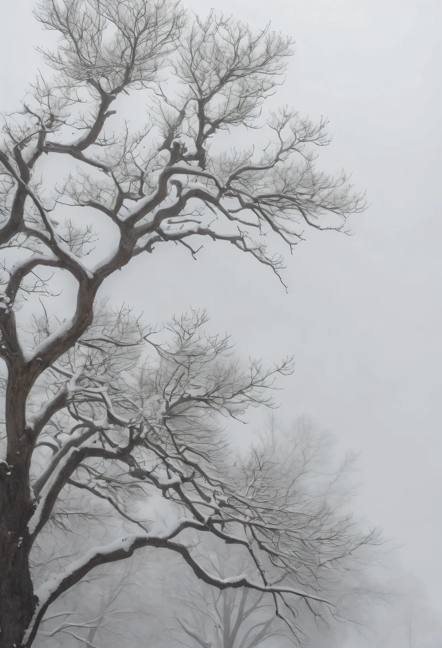 professional photography of cloudy gray sky, one dry tree branch is visible on the right, snowfall overhead, under a gray foggy sky, gray sky with patches of snow, uneven sky tone, natural light on a cloudy day, wide angle low angle shot, from bottom to up view, Maximum realism, Canon RF 100-500mm F4.5-7.1l ESM USM, winner of the International Professional Photography Competition 2019.