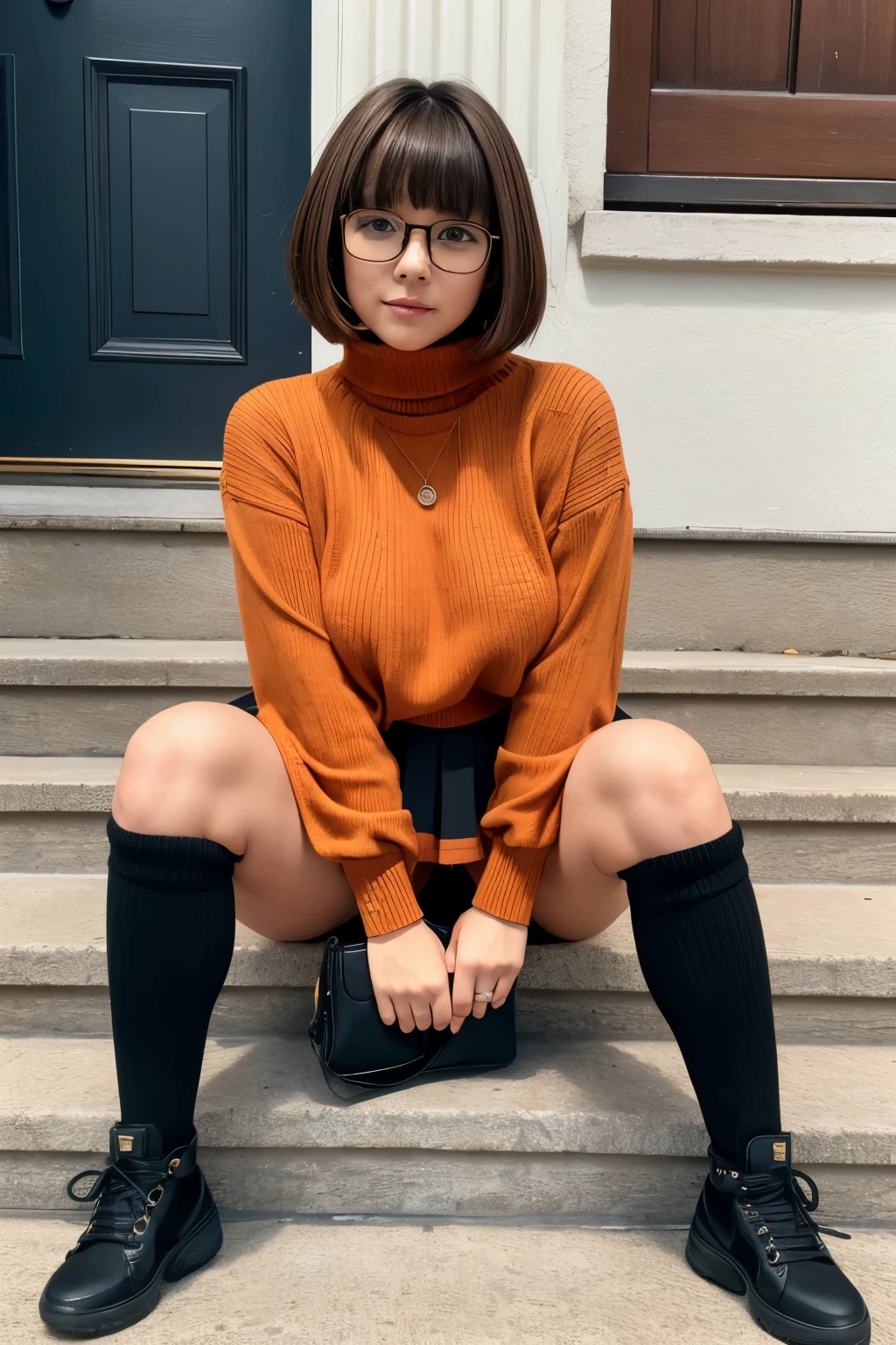 brown hair、、Bowl cut、black frame glasses、big boobs、plump body、orange turtleneck knit sweater、Red pleated skirt、Orange knee-high socks、Red sneakers、in front of high school