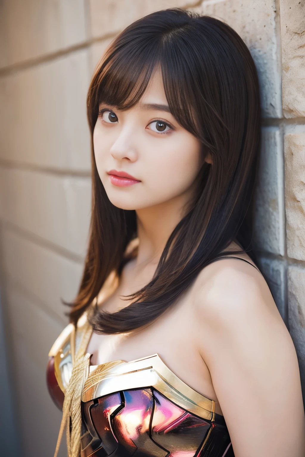 masterpiece、1 beautiful girl、fine eyes、puffy eyes、highest quality, 超High resolution, (reality: 1.4), movie lighting、Japanese、asian beauty、Korean、super beautiful、beautiful skin、body facing forward、close up of face、(超reality的な)、(High resolution)、(8K)、(very detailed)、(美しくfine eyes)、(Super detailed)、 (wall-)、detailed face、bright lighting、professional lighting、looking at the viewer、look straight ahead、slanted bangs、brown hair、Nogizaka idol、korean idol、fiery idol pose、、25 years old、wonder woman cosplay