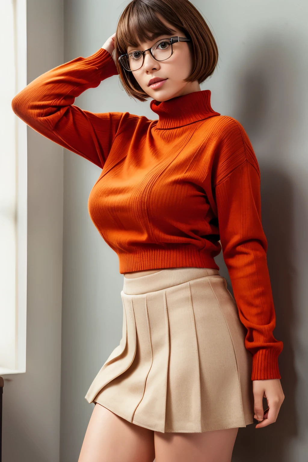 brown hair、、Bowl cut、black frame glasses、big boobs、plump body、orange turtleneck knit sweater、Red pleated skirt、Orange knee-high socks、Red sneakers、in front of high school
