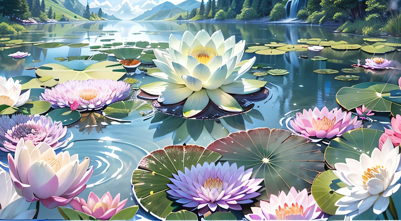 (best quality,4K,8k,high resolution,masterpiece:1.2),super detailed,(actual,photoactual,photo-actual:1.37),前景There is one湖, There is one [white] Water lilies and lotus leaves in the lake, green hills, blue sky and white clouds, 吉普车wind格, two-dimensional, celluloid, illustration, Natural landscape, wind, summer, bright shades, Sunny afternoon golden hour