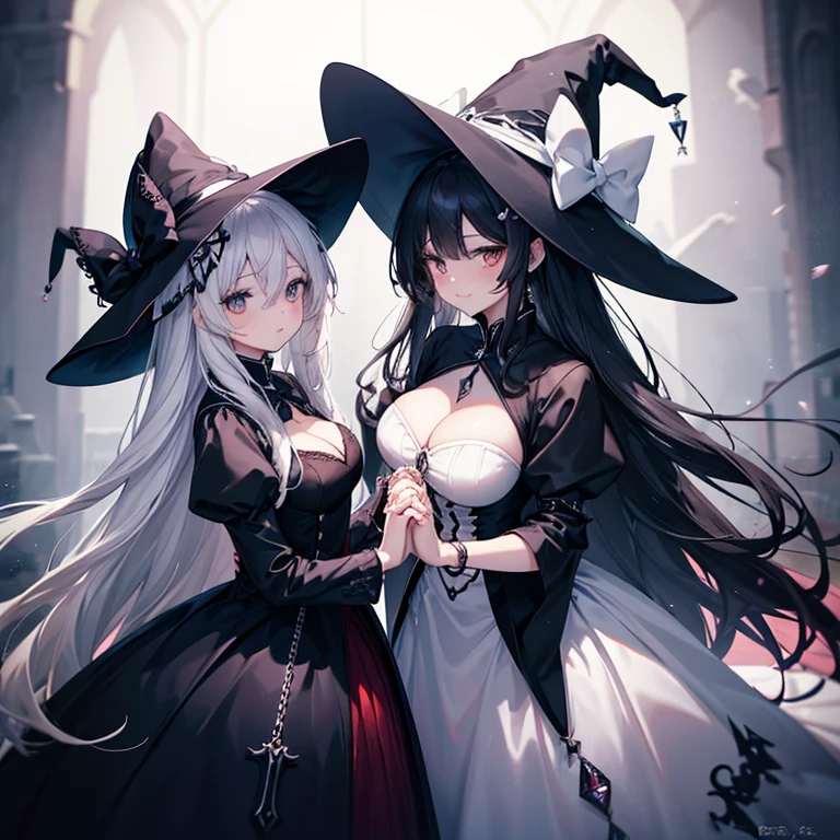 Two busty ladies in one picture，Witch and dessert elements ice cream anthropomorphic cake anthropomorphic dessert hair accessories big hat exquisite dress with bow and crystal chain decorated with a white-haired witch，Next to her is the black-haired witch，long hair fluttering。they hold hands，dark sweet perfect fingers，fluffy hair 