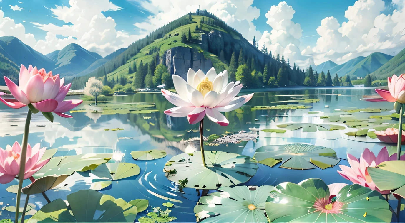(best quality,4K,8k,high resolution,masterpiece:1.2),super detailed,(actual,photoactual,photo-actual:1.37),前景There is one湖, There is one [white] Water lilies and lotus leaves in the lake, green hills, blue sky and white clouds, 吉普车wind格, two-dimensional, celluloid, illustration, Natural landscape, wind, summer, bright shades, Sunny afternoon golden hour