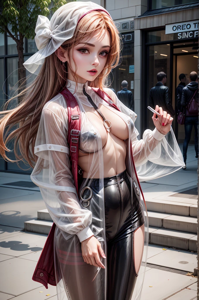 Mature woman wearing 100% transparent plastic clothes, legs spread in the shape of M