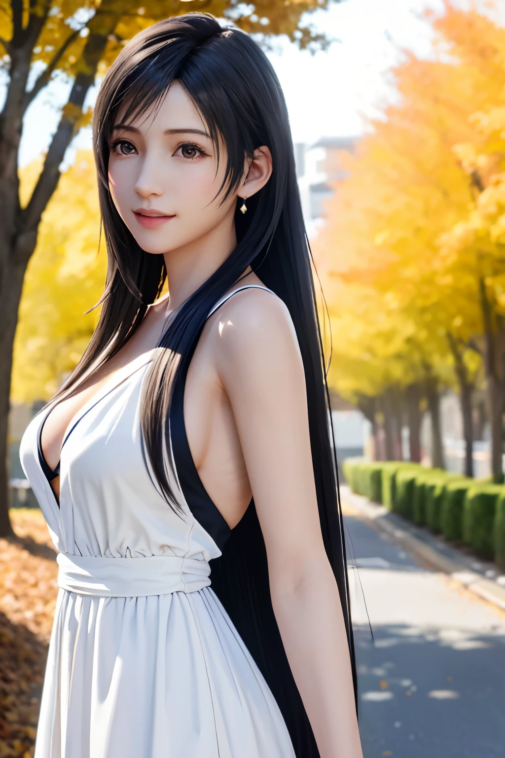 (top quality, masutepiece: 1.1), (Realistic: 1.3), BREAK (((FF7,Tifa_lockhart))),(solo,Tifa:1.2),(japanese ,white large shirt dress) ,(autumn,walking, outdoor),(cute pose:1.3),Ultra-detailed face, Detailed eyes,Red eyes, BREAK (((FF7,Tifa_lockhart))),(black brown hair, Large breasts: 1.0), BREAK About 18 years old,kawaii,smile:1.1,