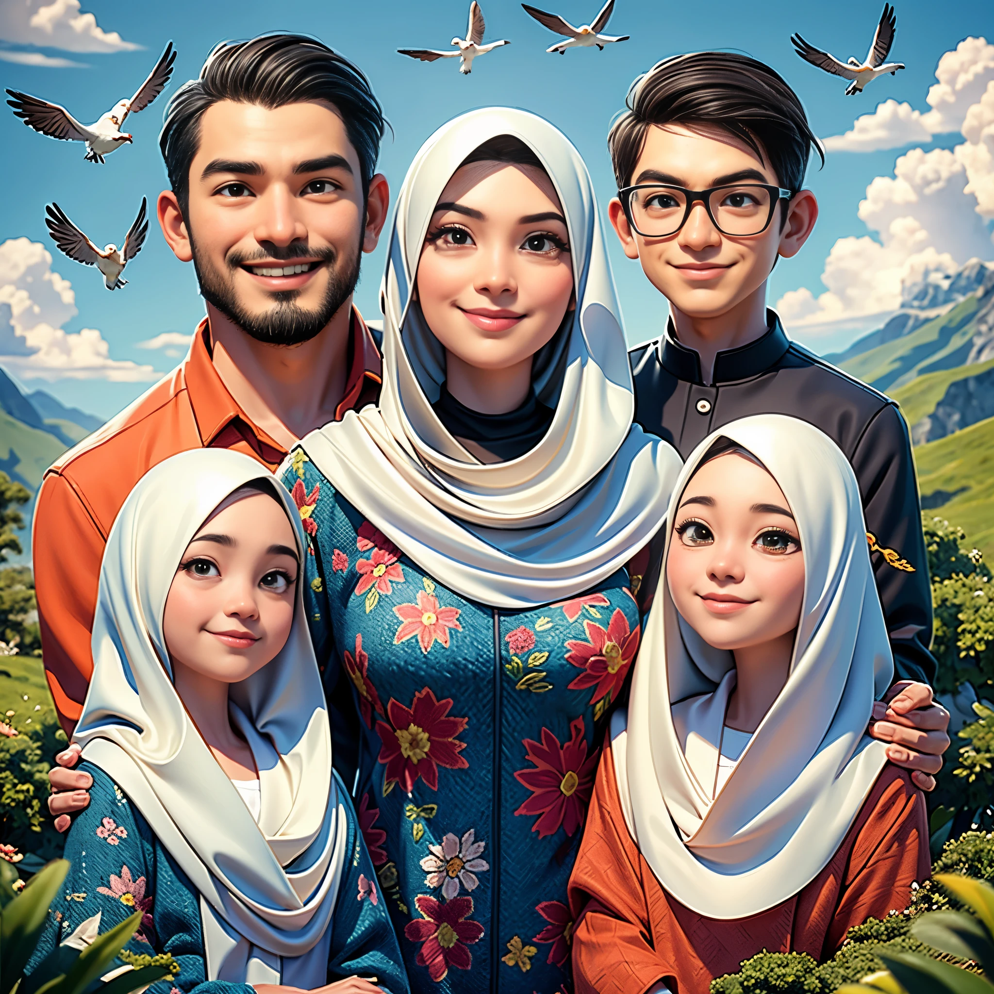 arafed family portrait with a mountain background and birds flying overhead, an indonesian family portrait, happy family, potrait, full protrait, family portrait, inspired by Nazmi Ziya Güran, realism artstyle, barong family, cartoon artstyle, close up potrait, high quality portrait, inspired by Oton Gliha, sakimi