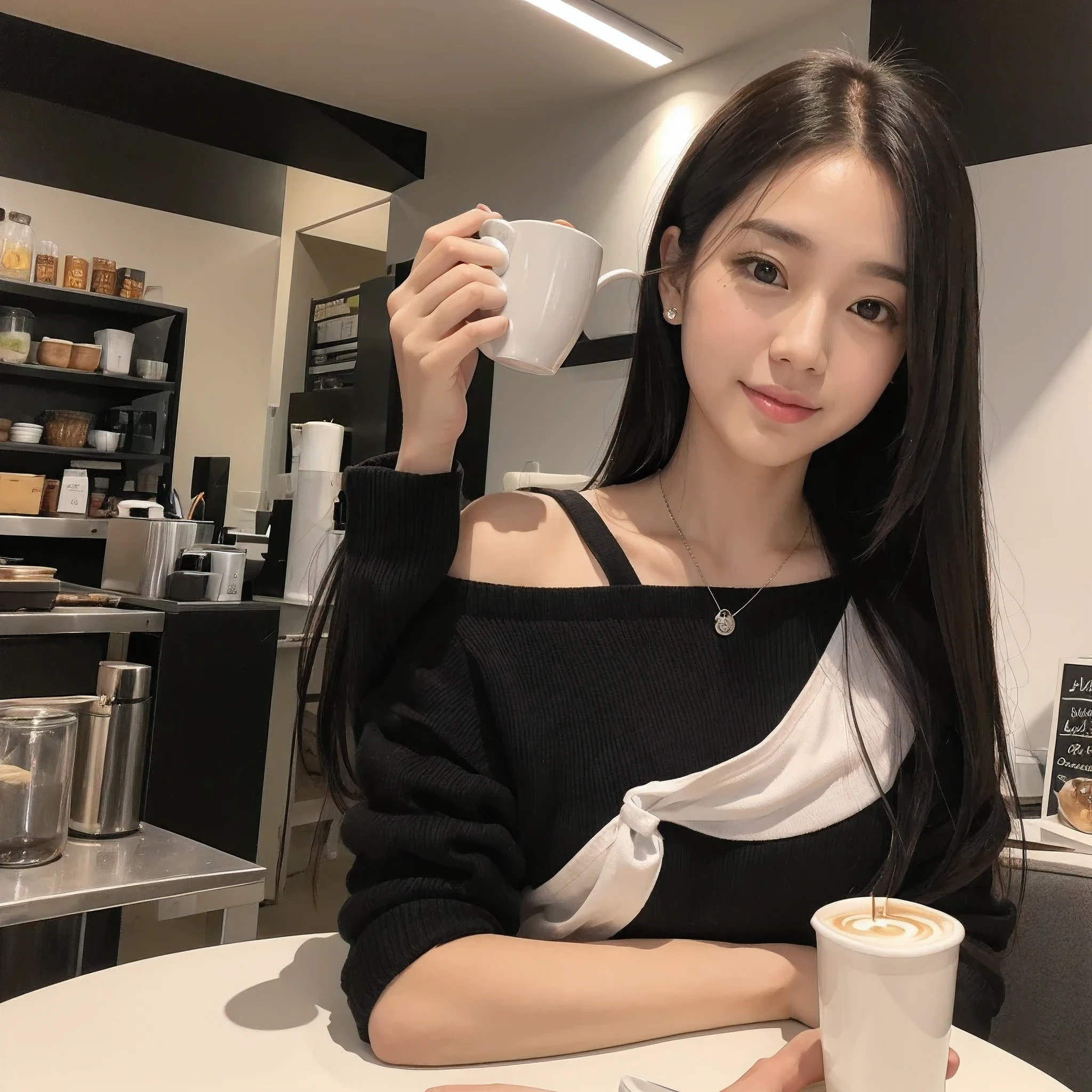 An asian women sitting in the coffee shop enjoying her coffee