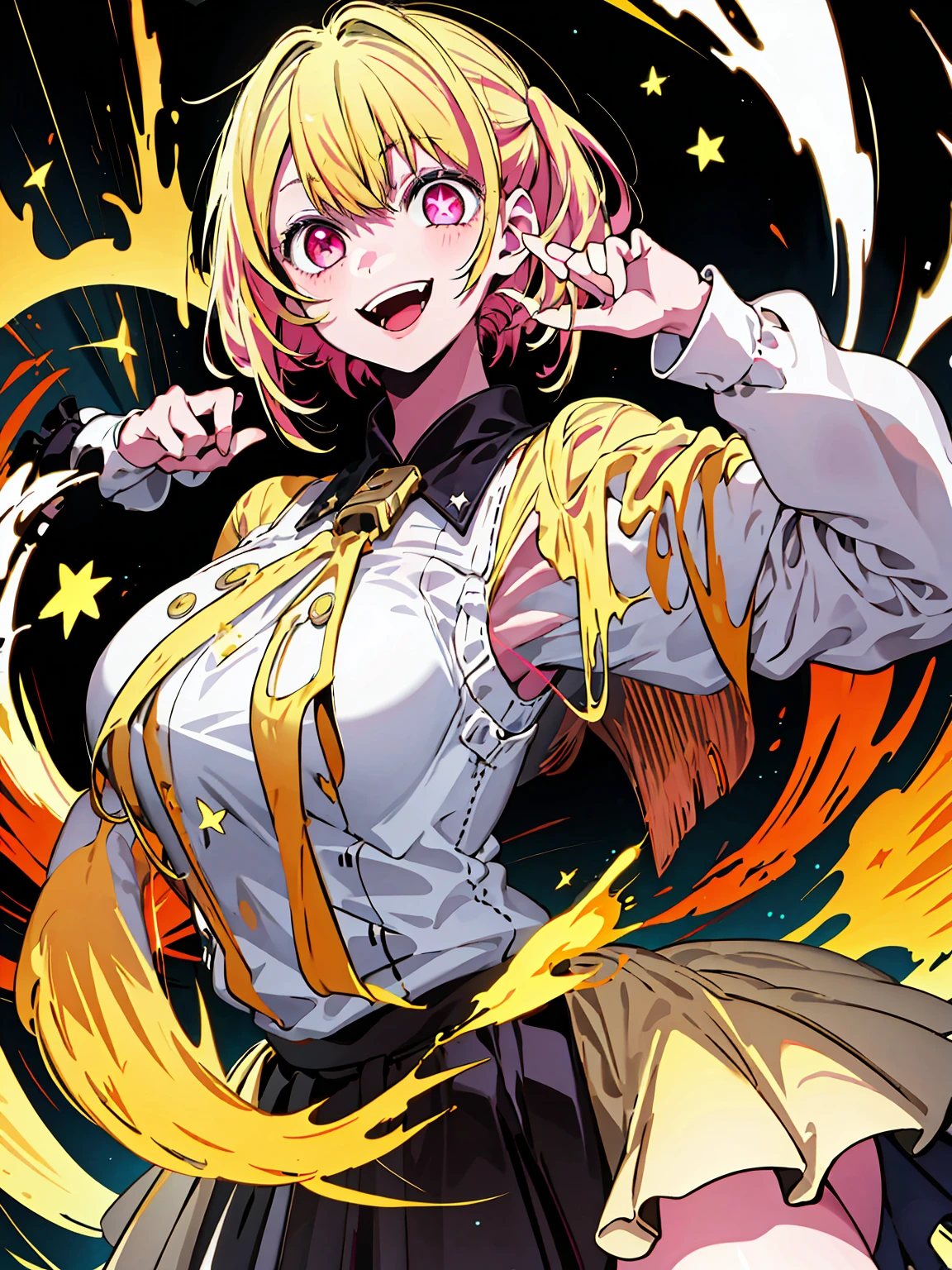 original character , 1girl, (crazy smile:1.2) , blonde hair , bangs , crazy eyes , hands on face , yellow blood splatter on face , yellow and black color scheme, open mouth, (wide-eyed:1.2), glowing eyes, left star shaped eye, star shaped eye, pink eyes, pink eyes