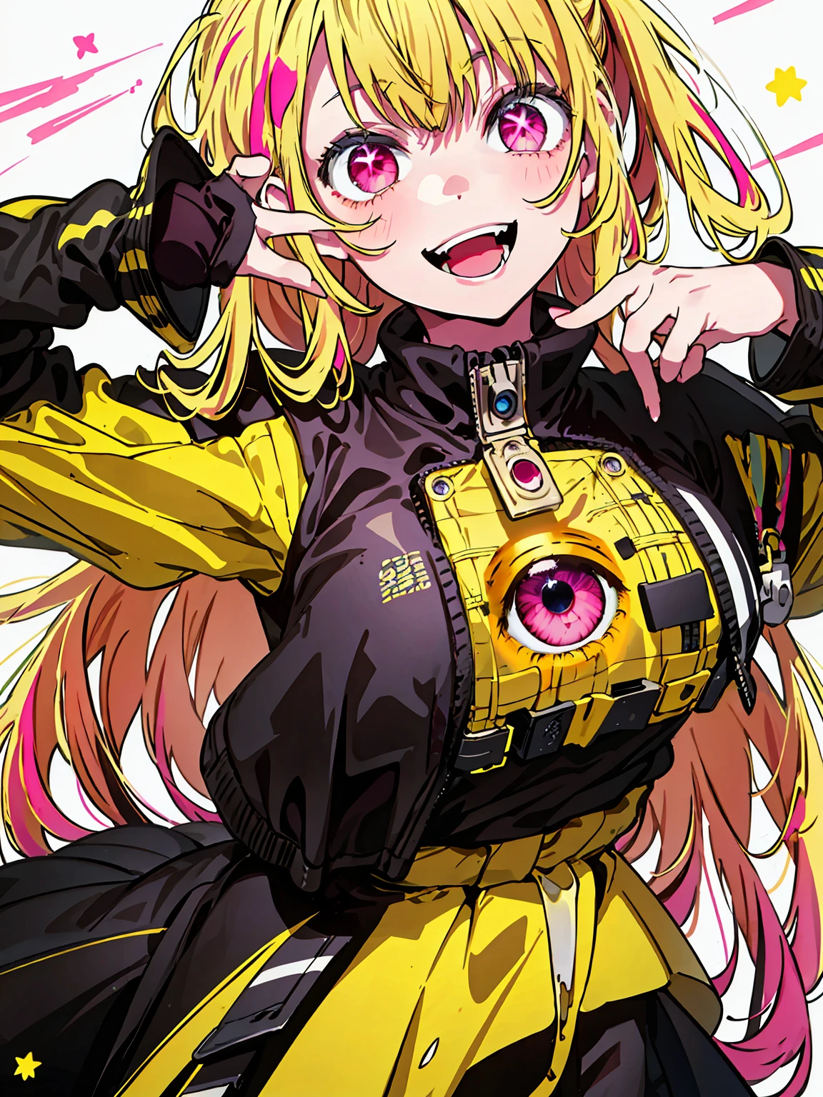 original character , 1girl, (crazy smile:1.2) ,  blonde hair , bangs , crazy eyes , hands on face , yellow blood splatter on face , yellow and black color scheme, open mouth, (wide-eyed:1.2), glowing eyes, left star shaped eye, star shaped eye,  pink eyes, pink eyes