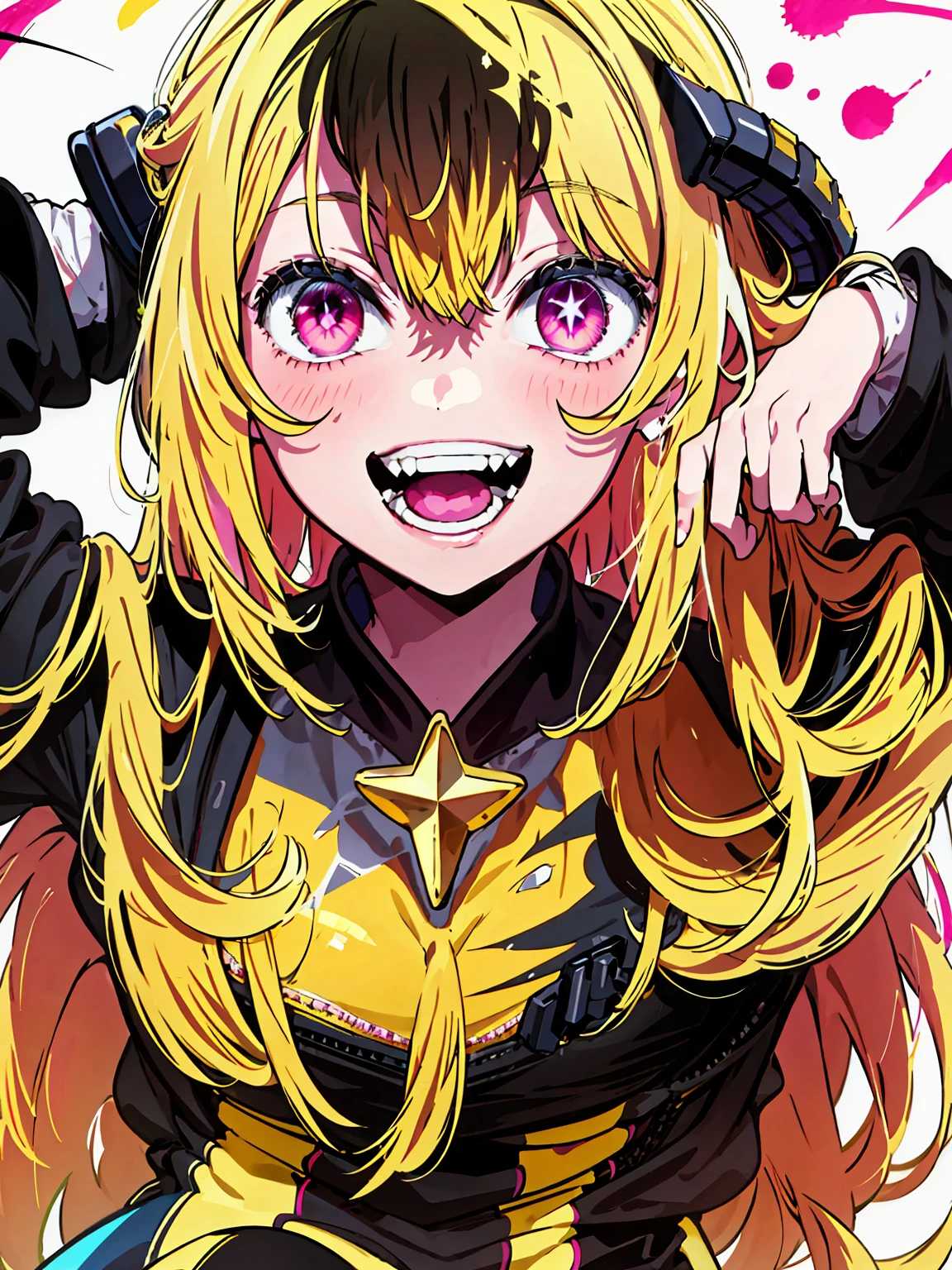 original character , 1girl, (crazy smile:1.2) , blonde hair , bangs , crazy eyes , hands on face , yellow blood splatter on face , yellow and black color scheme, open mouth, (wide-eyed:1.2), glowing eyes, left star shaped eye, star shaped eye, pink eyes, pink eyes