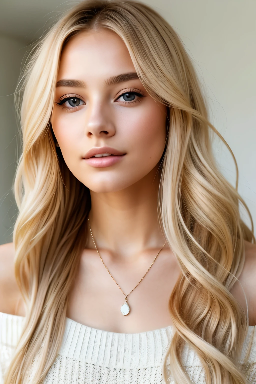 A stunningly beautiful young woman, 19, with long blonde hair cascading down her shoulders, fixes her gaze upon the viewer with her pointed nose, brown eyes shimmering with intrigue. Her bare shoulders are adorned with delicate necklaces and a white shoulder knit sweater, the fabric boasting fine stitching and intricate texture. The side lighting highlights her natural beauty, with her nose appearing sharper and more defined against the subtle shadows cast upon her face. Her skin is of the highest quality, displaying perfect pores, a radiant glow, and an almost flawless complexion. Detailed yet subtle, the makeup enhances her features, drawing attention to her point