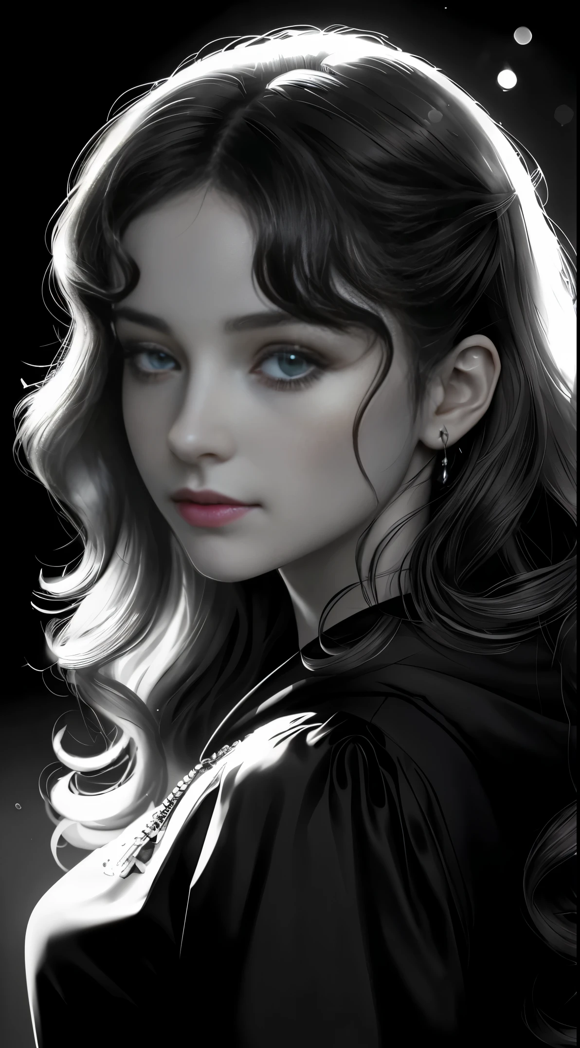 Russian Girl, Trends on ArtStation, Trends on CGSociety, Intricate, High Detail, Clear Focus, Dramatic, Realistic Art of Drawing, by Midjourney and Greg Rutkowski, ((Best Quality)), ((Masterpiece)), High Resolution, Original, Very Detailed Wallpaper, Very Delicate and Pretty, Illustration, Cinematic Light, Volumetric Light, Halo Effect, Light Particles, ((1girl)), beautifuldetailedeyes, longsleeves, hoodie, frills, noshadow, simplebackground, (((black background))), European, bright, (((1980s(style)))), cinema, silhouette, grayscale, monochrome, ((large wavy curls)), slit pupils, (((looking back))), cinematic angles, ((( (close-up))),(((portrait))), lens flare, seductive smile, tarot cards, medium hair