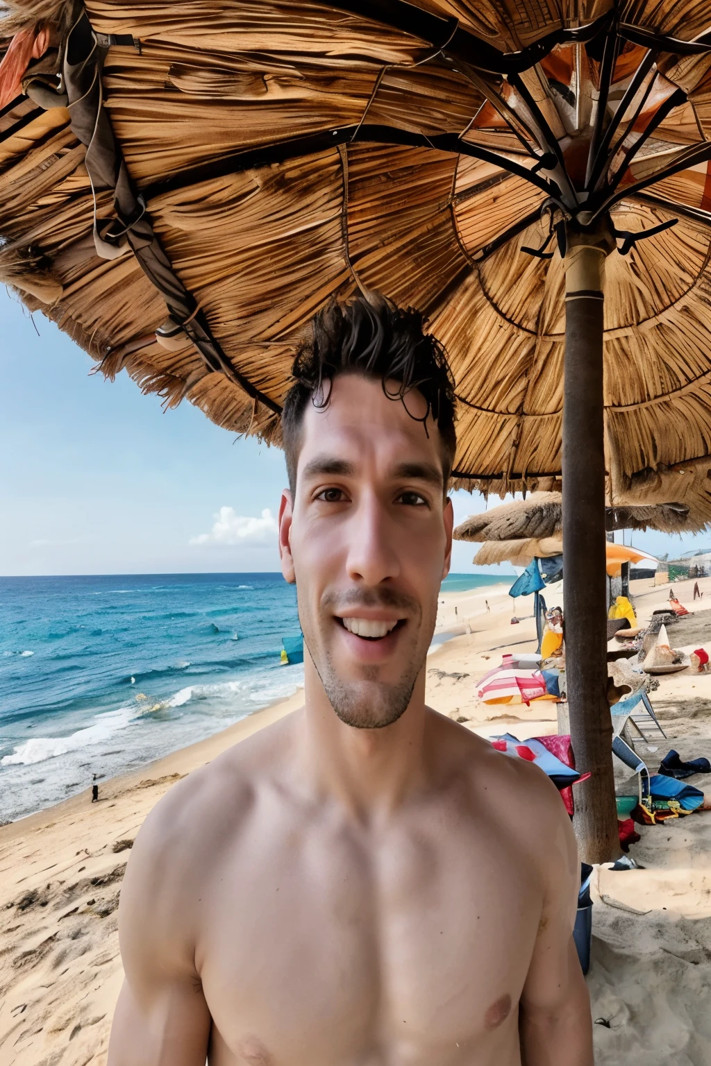 There's a man standing under an umbrella on the beach, jovem grego, na praia, vacation photo, na praia, foto da praia, Alexandros Pyromallis, imagem frontal, standing na praia, em uma praia, fotografia selfie 8k, foto do perfil 1024px, em uma praia tropical