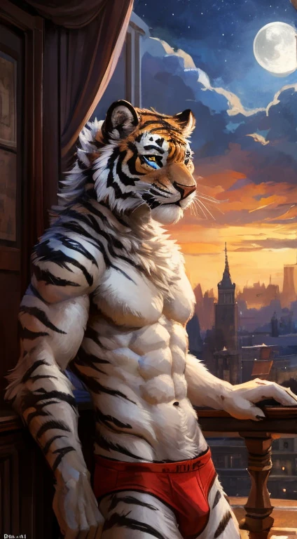 Tiger male, full body covered in fluffy fur, , big muscular chest, volumetric abs, day, , detailed, uploaded to e621, beautiful and detailed portrait of an anthropomorphic white tiger (((male))) kenket, ross tran, ruan jia, uploaded to e621, zaush, foxovh, movie lighting, moon lights, glowing eyes, white fur, long dark mane of hair, wear red underwear
