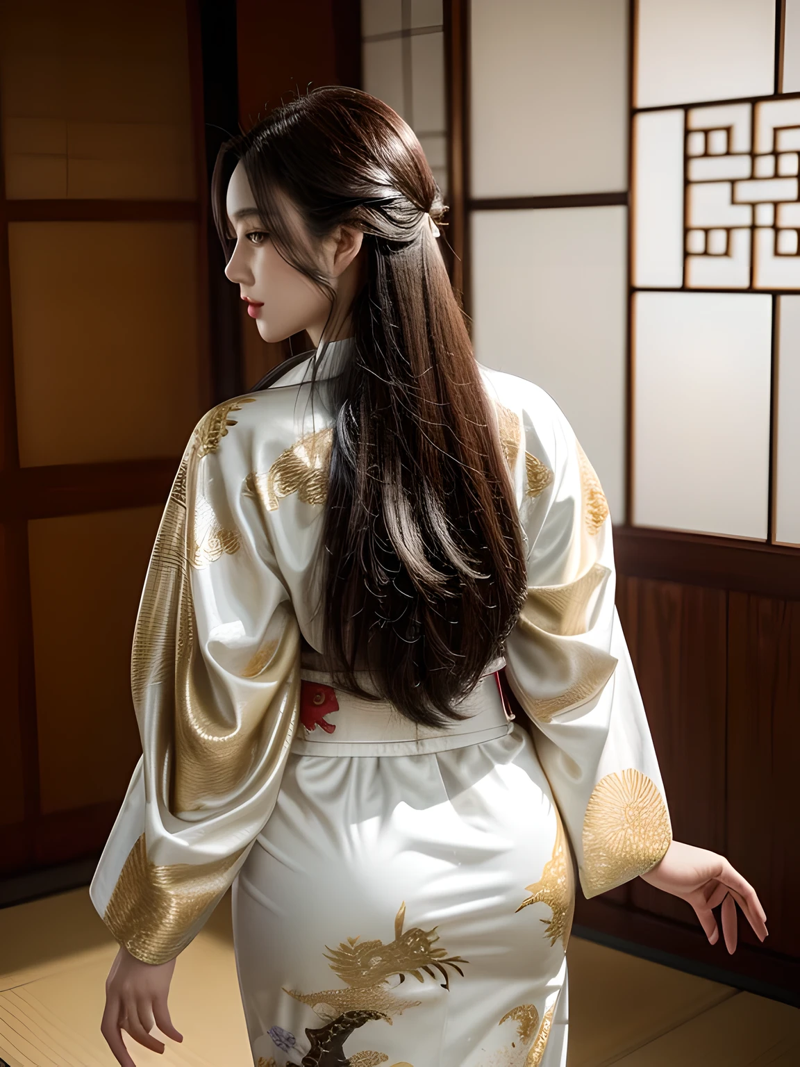 (Beautiful model in Japanese kimono commercial, beautiful straight long black hair), alone, ((face is 80% beauty and elegance, 20% pretty and cute:1.5)), clear eyes, (fine eyes, light green eyes, bright pupils), double eyelid, (Slightly thick and sexy lips:1.2), ((Super detailed and incredibly high resolution Deep-white Kimono:1.2)), Highly detailed facial texture, impressive body shape, curvaceous and very attractive woman, High resolution RAW color photography professional photography, break ultra high-resolution textures, High resolution body rendering, Big eyes, an unparalleled masterpiece, incredible high resolution, Super detailed, stunning ceramic skin, break ((Turn around to show the pattern of the kimono:1.5)), ((She wears a white kimono with plenty of glittering gold embroidery of a rising dragon.。:1.5)), ((The embroidery of the rising dragon on the white kimono is very dazzling.:1.2)), (A carefully crafted sensual Japanese kimono), ((The embroidery pattern is a dragon rising to the sky.):1.2), ((White kimono with elaborate and elegant decorations)), (Photographed in front of the round sliding sliding window in a Japanese-style room)), break ((highest quality, 8K)), sharp focus:1.2, (layer cut, big:1.2), (beautiful woman with perfect figure:1.4), (Beautiful and elegant rear view:1.3), thin waist, (correct hand shape:1.5), (full body shot | cowboy shot)