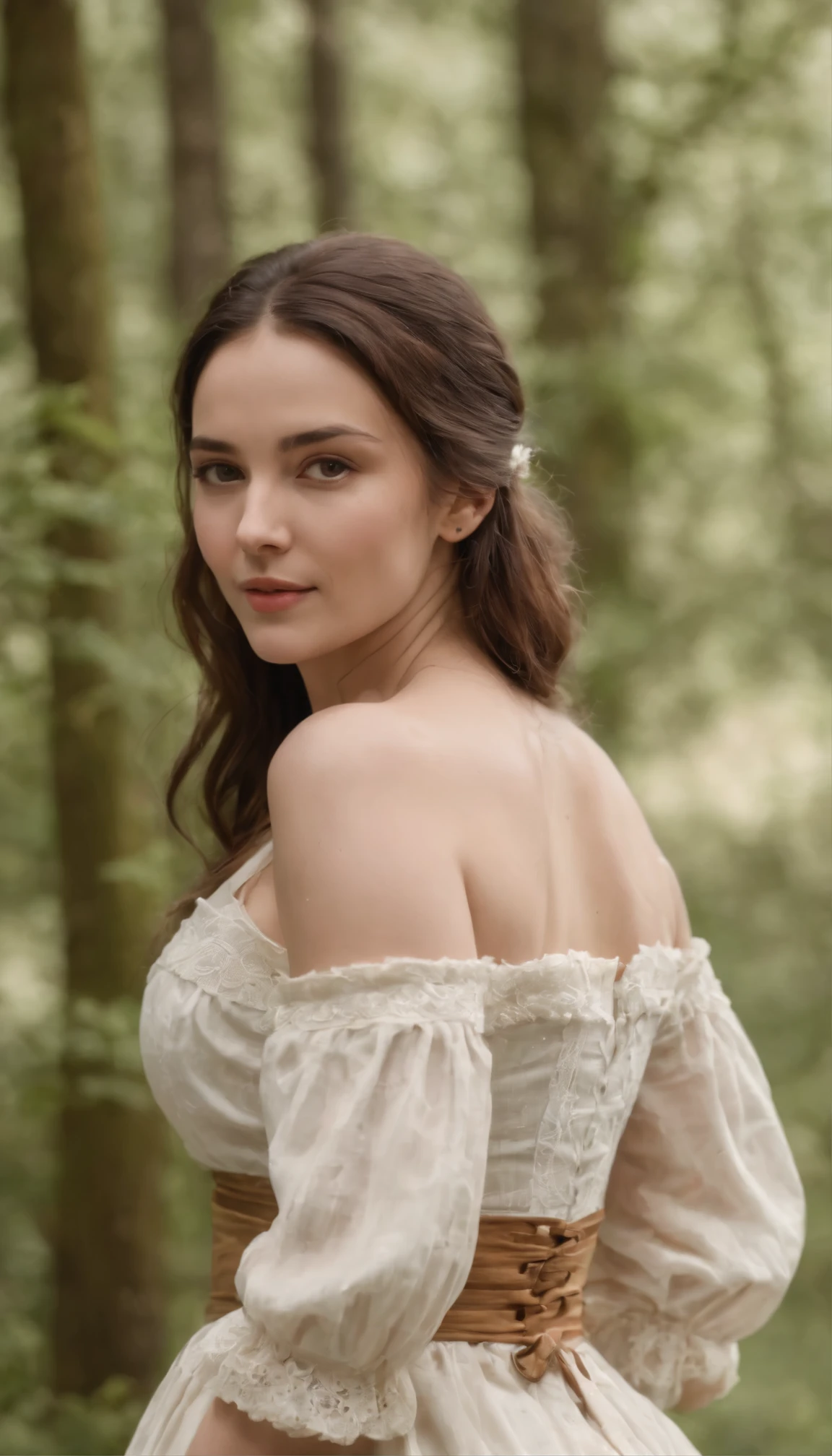 Random setting and scene; Zoomed out camera Fully body in frame; random pose; a female age 30; name Jlah; year 1700s; random clothing. (Big boobs, curvy)