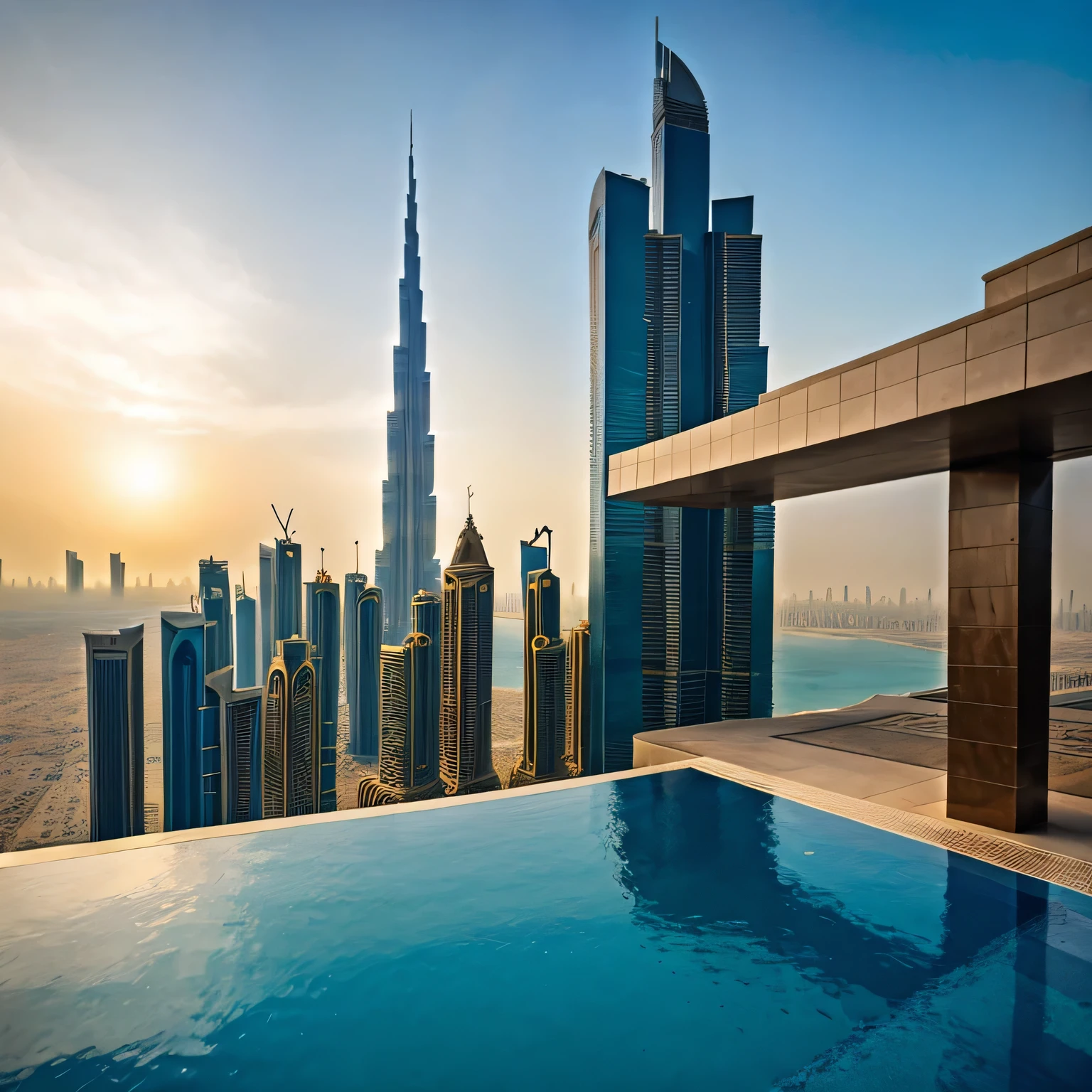 generate similar picture, modern pool, view on Dubai city UAE, Burj Khalifa, RAW photo