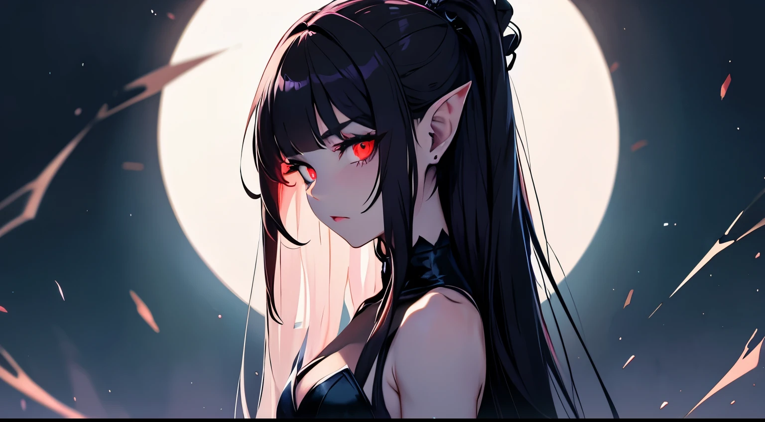 NSFW, obra prima, melhor qualidade, ultra detalhada, Absurdo, Coloring book, 1girl, solo, (solid red eyes: 1.0), (hair color: white, long, straight, bangs falling over one eye: 1.0), detailed eyes with slit pupils and arched brows, lashes curled up and quivering, (upper body: toned and muscular), a monstrous girl, profile view, shimmering eyes reflecting inner darkness, bowed head in deep thought, Nighttime scene, black dress revealing pale skin, pointed ears, an aura of horror, high contrast between light and dark, spotlight