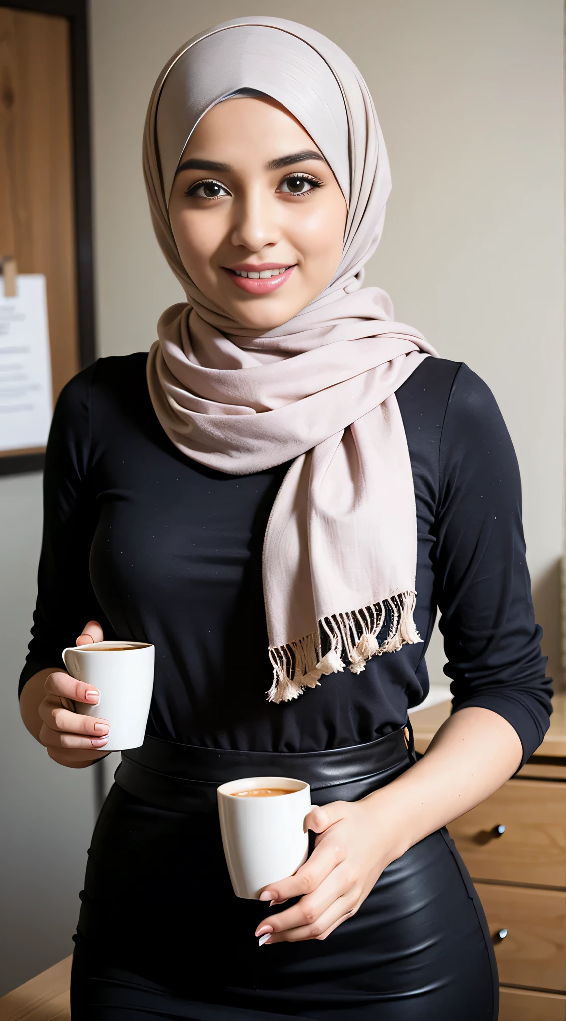 Une photo d&#39;un jeune, femme arabe en hijab souriant  , , regarder le spectateur. Photographe portant un hijab ample, style chef-d&#39;œuvre, beau , body covered with beau clothes except face and hands at the work office coffee pc wearing professional clothes 