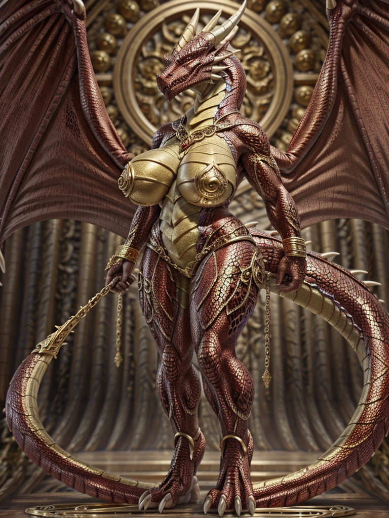 (Elder dragon), red dragon, ((scalie skin)), saggy breasts, gold ornaments, (voluptuous:0.6), strong, standing, full body view