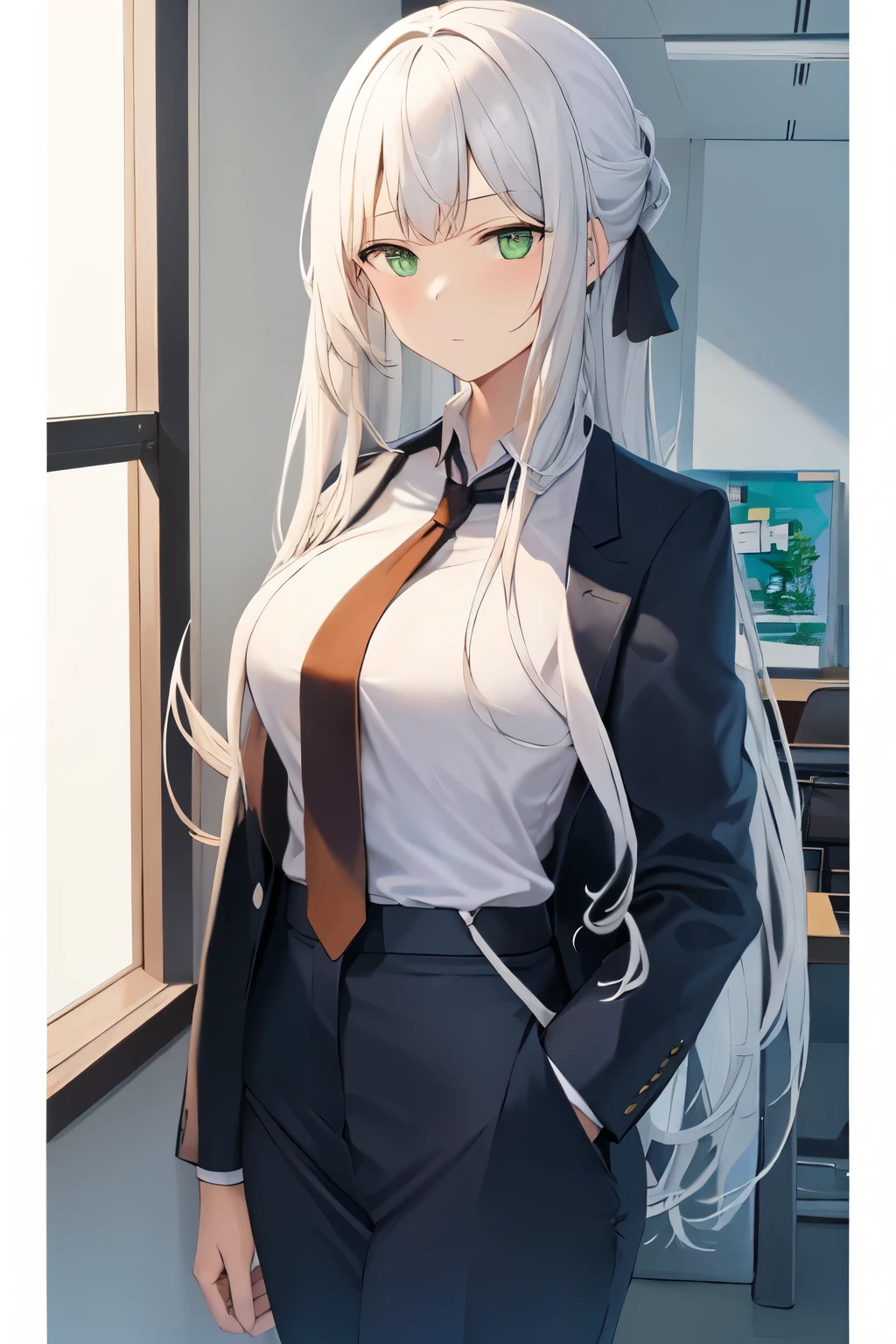 masterpiece, best quality, detailed, 1girl, standing, highres, bright green eyes, blush, long hair, white hair, looking at viewer, ak12, shirt,long sleeves, white shirt, necktie, collared shirt, pants, black pants, formal, suit, black necktie, shirt tucked in, office lady, upper body, medium breasts, bangs, window, formal, closed mouth, solo,