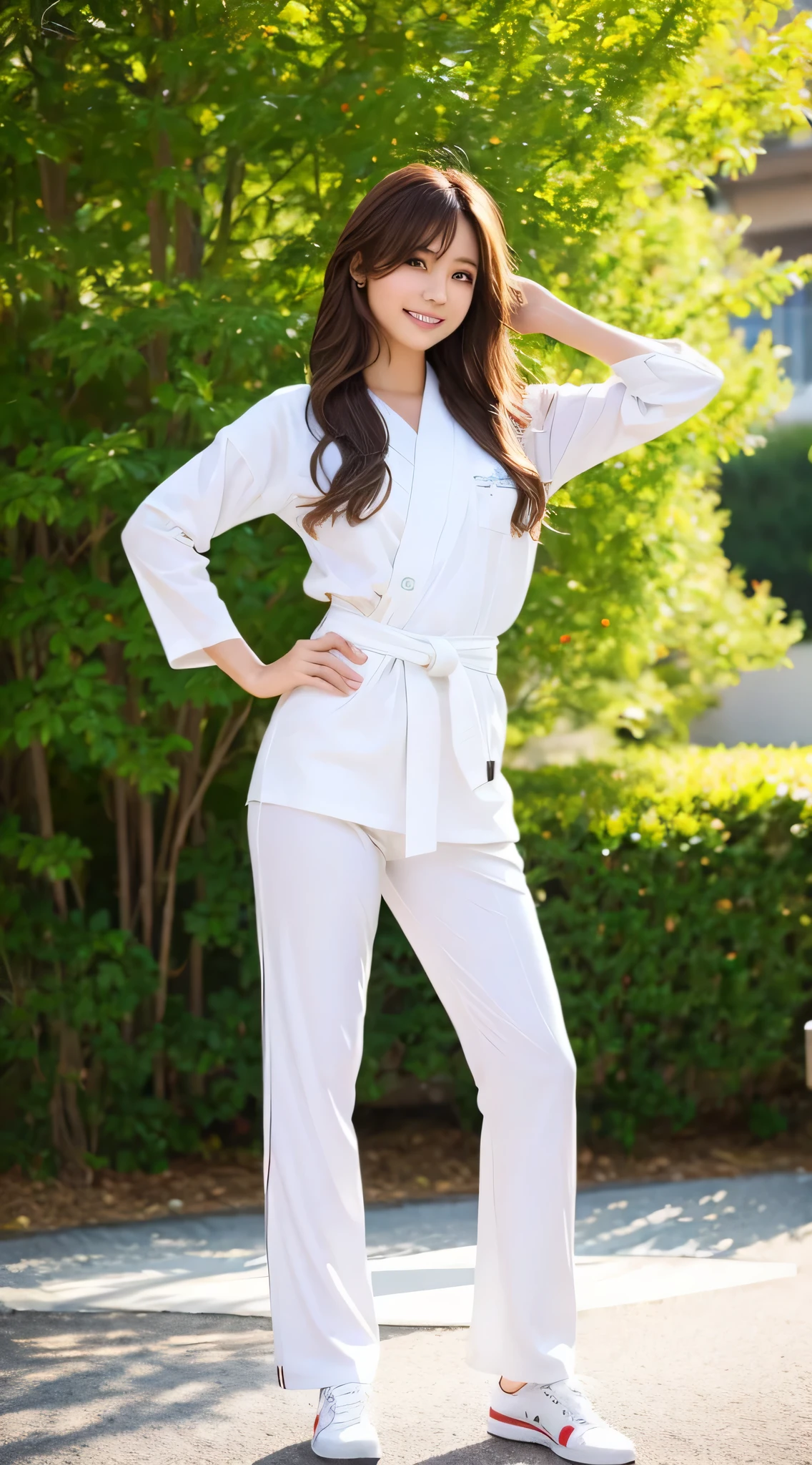(Photoreal)(16 years old), Beautiful woman, (Full body 8K portrait), 1 girl, White karatekimono, White karate pants, Stand-alone, Correct skeleton, Large and dynamic hand and foot movements, Stick out your fist, Make a high side kick, Perfect facial detail, (smile: 1.15), attractive beautiful face, look at the viewer, small face, double eyelid, beautiful and fine eyes, long eyelashes, light brown hair, beaver,style hairstyle, tight waist, beautiful thin legs, toned ankles, barefoot ,Tokyo city, Green in the background, NSFW