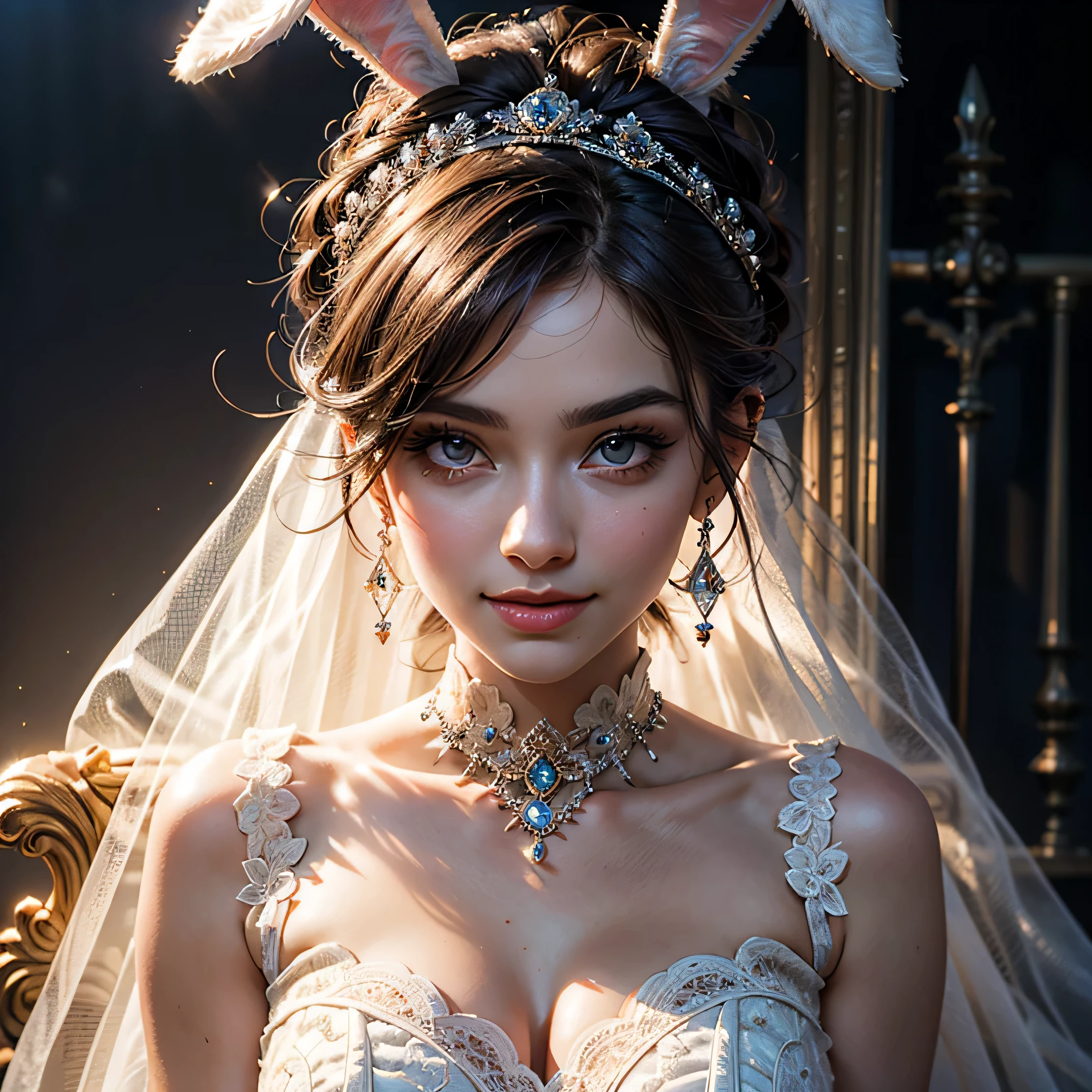 Canon 5DMk2 135mm, (Top Quality) (Masterpiece)), Intricate Details, Sharp Focus, Professional, Photorealistic, Surrealistic, Photorealism, Silhouette Light, Fine Instructions, Top Quality, CG Unity Wallpaper Highly Detailed 8k , perfect artwork, upper body, shiny hair, sparkling eyes, glowing skin, ((perfect realistic female figure, wedding dress)), slim waist, looking at camera, lace, charming posture, scenery The girl inside, front view, (( (dynamic composition, slender) ), sexy pose, throne, sitting, ((virgin), girl, refreshing, innocent, (rabbit ears)))) bold) )) , very delicate and beautiful girl, top quality, beautiful details, beautiful detailed eyes, soft lighting face, film lighting, ((transparency, (thin fabric) lace clothes,)), realistic expression, ((details) , makeup), (beautiful and delicate facial details, beautiful and delicate) eyes, perfect proportions) face, very detailed skin, detailed skin, best proportions) perfect five fingers, smooth abdomen, slender Slim, fashion, solo, (light make-up), face in shadow, beautiful face, well-shaped face, detailed face, white skin, hair in a light bun, morning background Sun, brown hair, shiny Elegant hairstyle, big eyes, drooping eyes, parallel eyebrows, plump lips, smile))))), earrings, slim body, (((morning growth), castle, throne room, )))) )), professional lighting, 1 girl, coiled hair, smiling, happy, 23 years old,