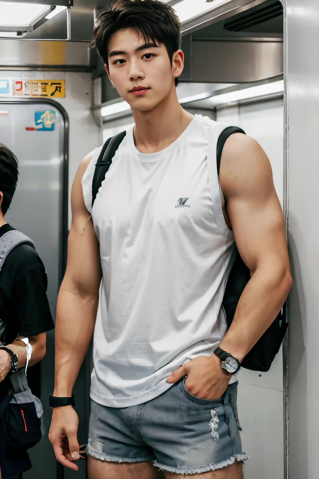 1人，A 20-year-old man in the japan subway，Standing in a subway car，Ultra-flat head，White skinny sleeveless T-shirt，Wear yours with grey micro shorts，huge bulge,  leg apart，musculous，Handsome，Look at your phone，Wear AirPods，Wear an Apple Watch，Sport backpack，white short socks，White sneakers，pervert smirk，exhilarated，full bodyesbian，Exposing thighs，Expose calves，Thick leg hair，In crowded subway cars，gentlesoftlighting，tmasterpiece，best qualtiy，8K  UHD，digital SLR camera，filmgrain，Fujifilm XT3 Realistic painting art，Written by Midjourney and Greg Rutkowski