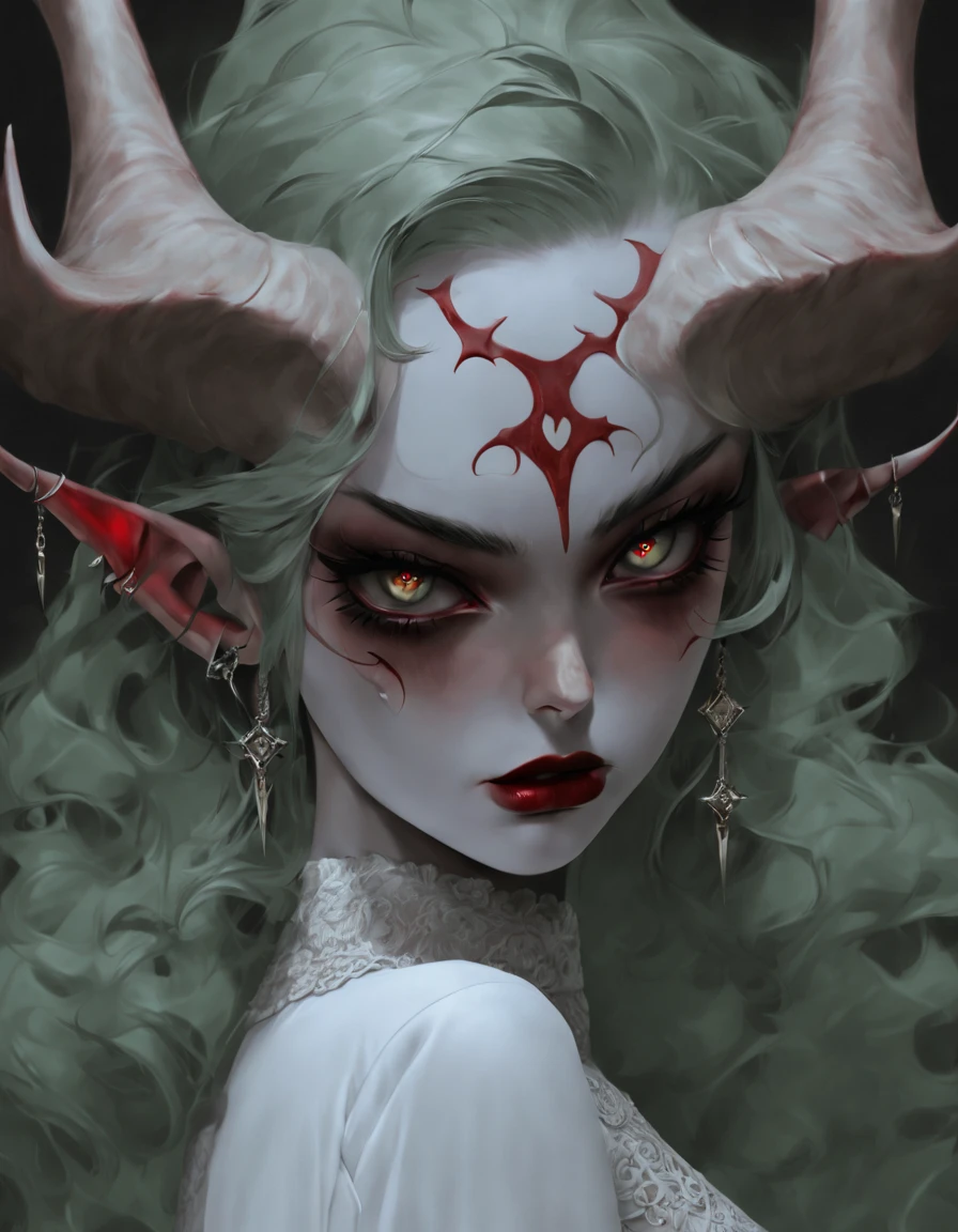 Portrait, close up, Bron above, Skinhead girl, demon girl, very angry, ((total smokey eyes)), (skinhea:1.2 ) , (emerald eyes), (white blouse), (long intricate horns:1.3), red liquid lips,  (best quality), highest quality, extremely detail,  8k, wallpaper, detailed and intricate,