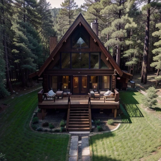 The A-frame house is located on a hill surrounded by pine trees. The house is decorated outside with old wood in natural colors. The photos are very beautiful. High angle shot from a drone Professional photography, beautiful light, very realistic images.